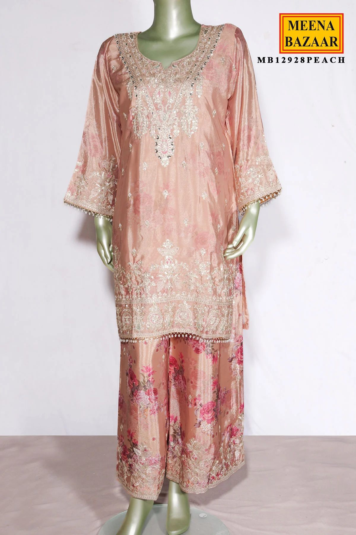 Peach Chinon Embroidered Suit for Women - Image 3
