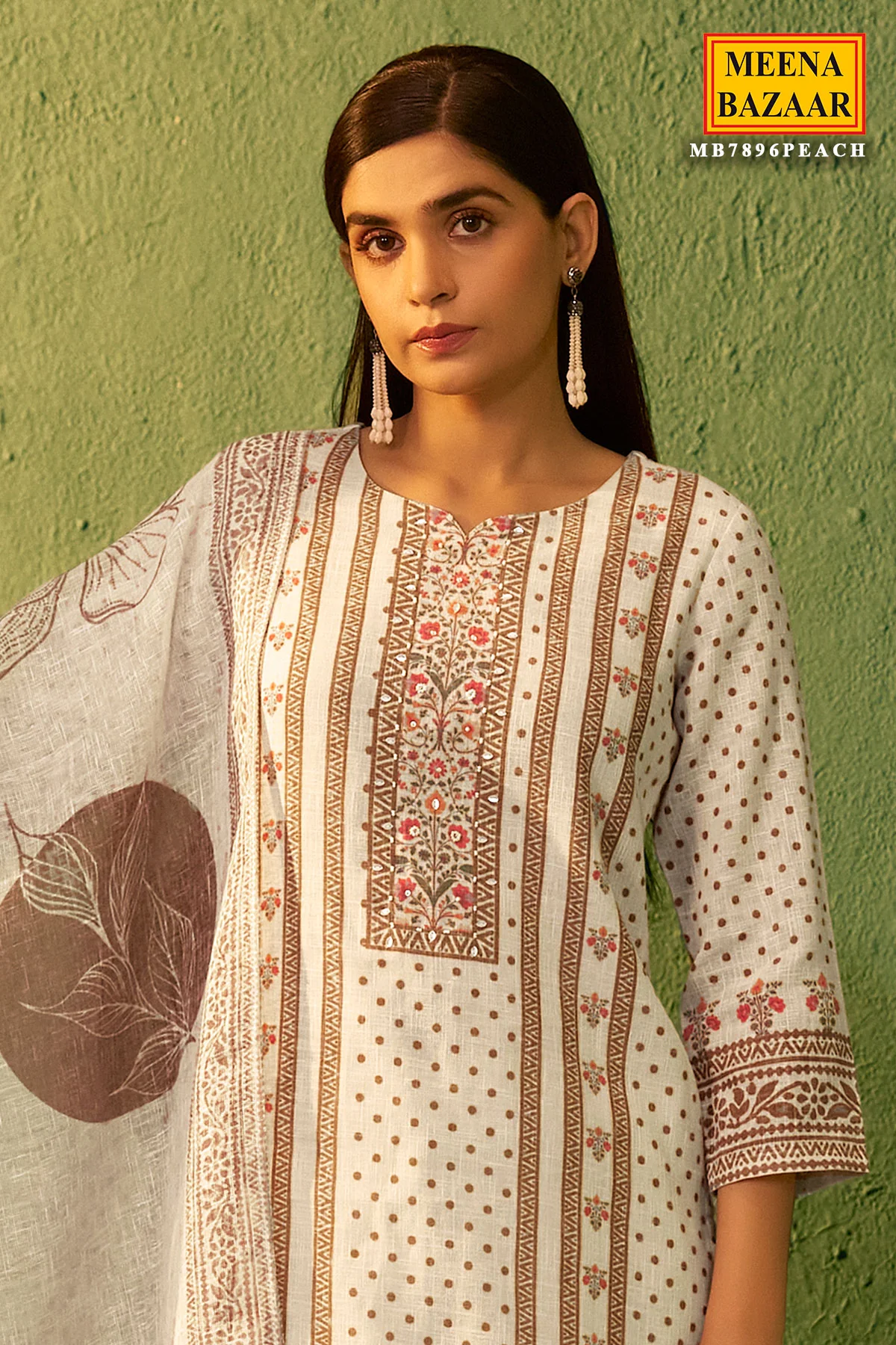 Peach Cotton Ready Made Suit with Neck Embroidery - Image 2