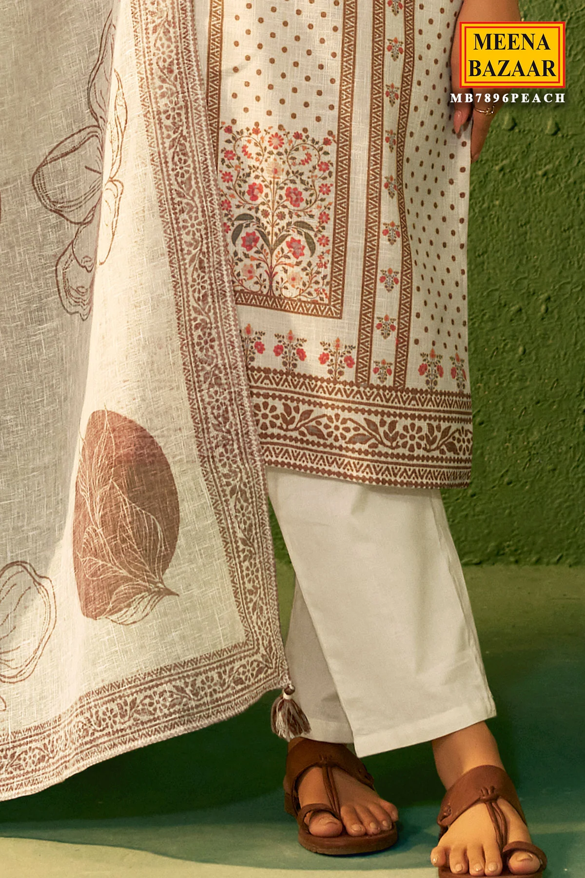 Peach Cotton Ready Made Suit with Neck Embroidery - Image 3