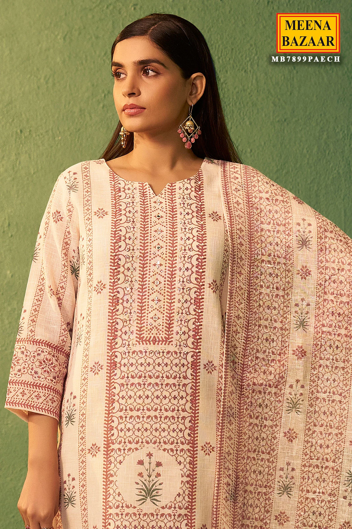 Peach Cotton Ready Made Suit with Neck Embroidery | Elegant Ethnic Wear - Image 2