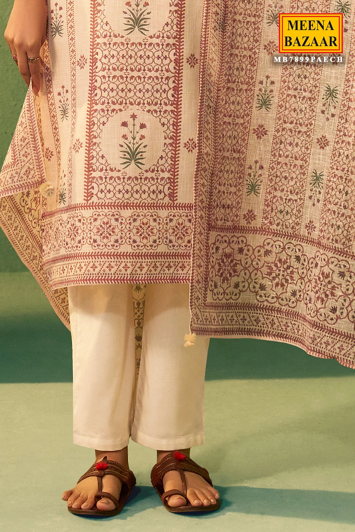 Peach Cotton Ready Made Suit with Neck Embroidery | Elegant Ethnic Wear - Image 3