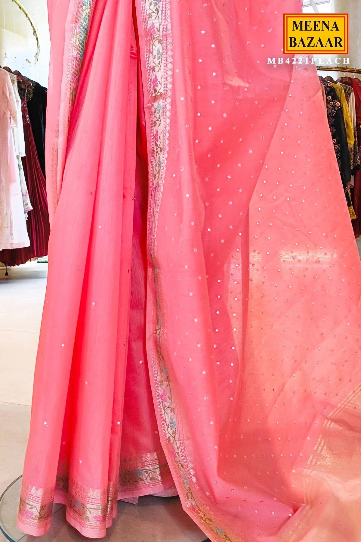Peach Cotton Saree with Elegant Mirror Work for Women - Festive & Ethnic Wear - Image 5