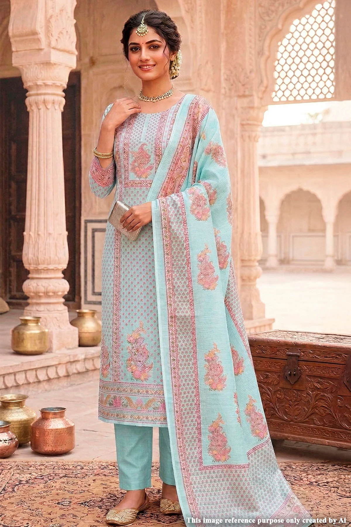 Ocean Breeze Blue Suit Set with Intricate Paisley Design