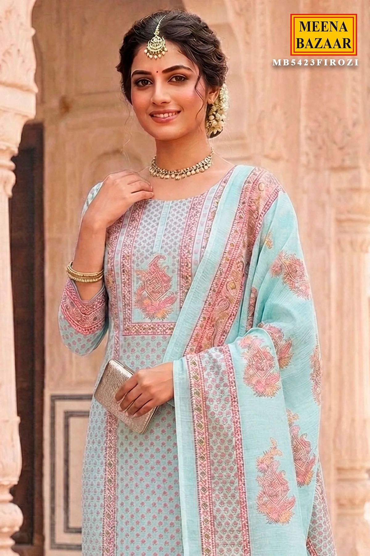 Ocean Breeze Blue Suit Set with Intricate Paisley Design - Image 2
