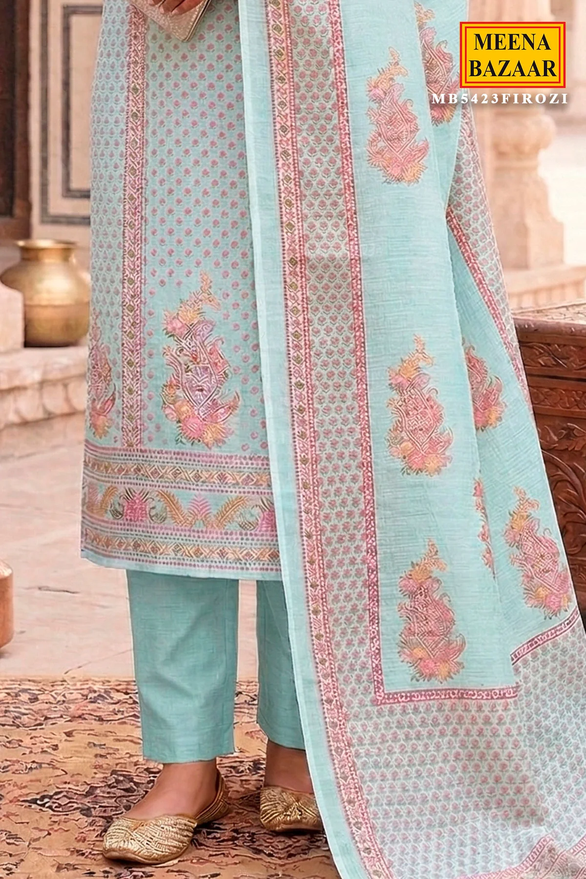 Ocean Breeze Blue Suit Set with Intricate Paisley Design - Image 3