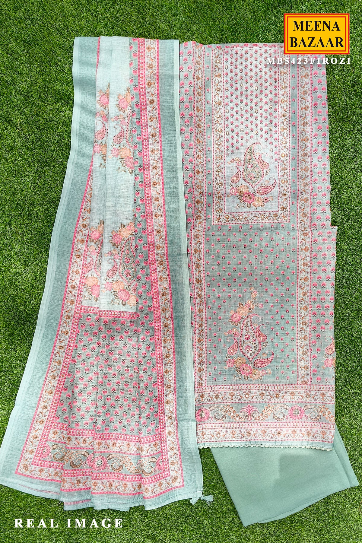 Ocean Breeze Blue Suit Set with Intricate Paisley Design - Image 4