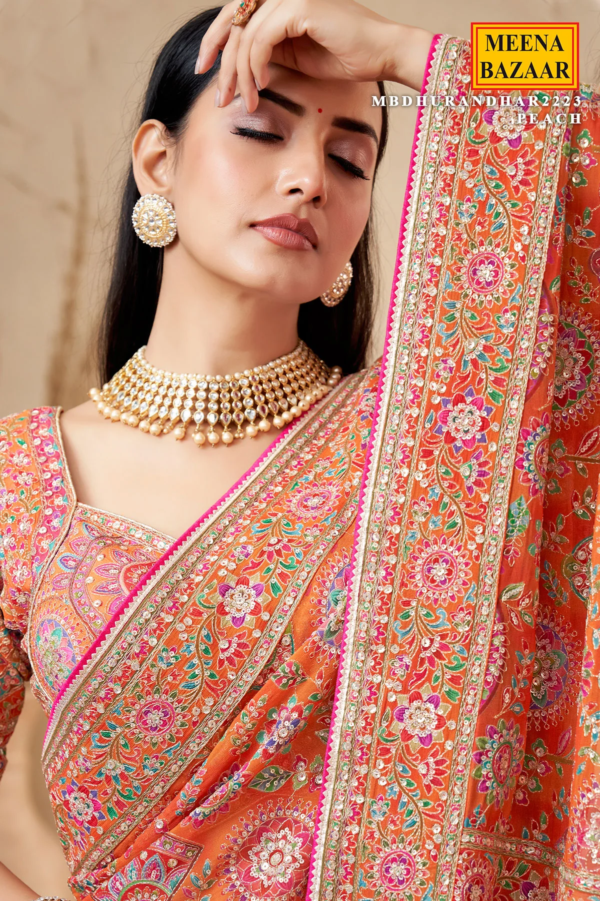 Peach Satin Silk Printed Designer Saree with Ready-Made Blouse - Image 2