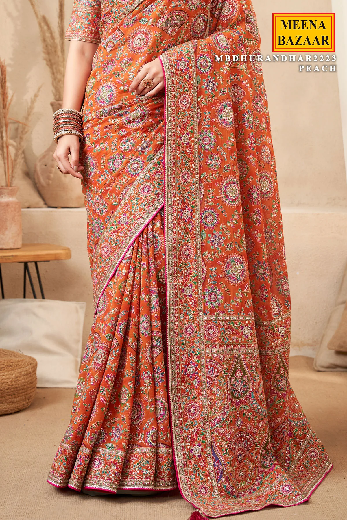 Peach Satin Silk Printed Designer Saree with Ready-Made Blouse - Image 3