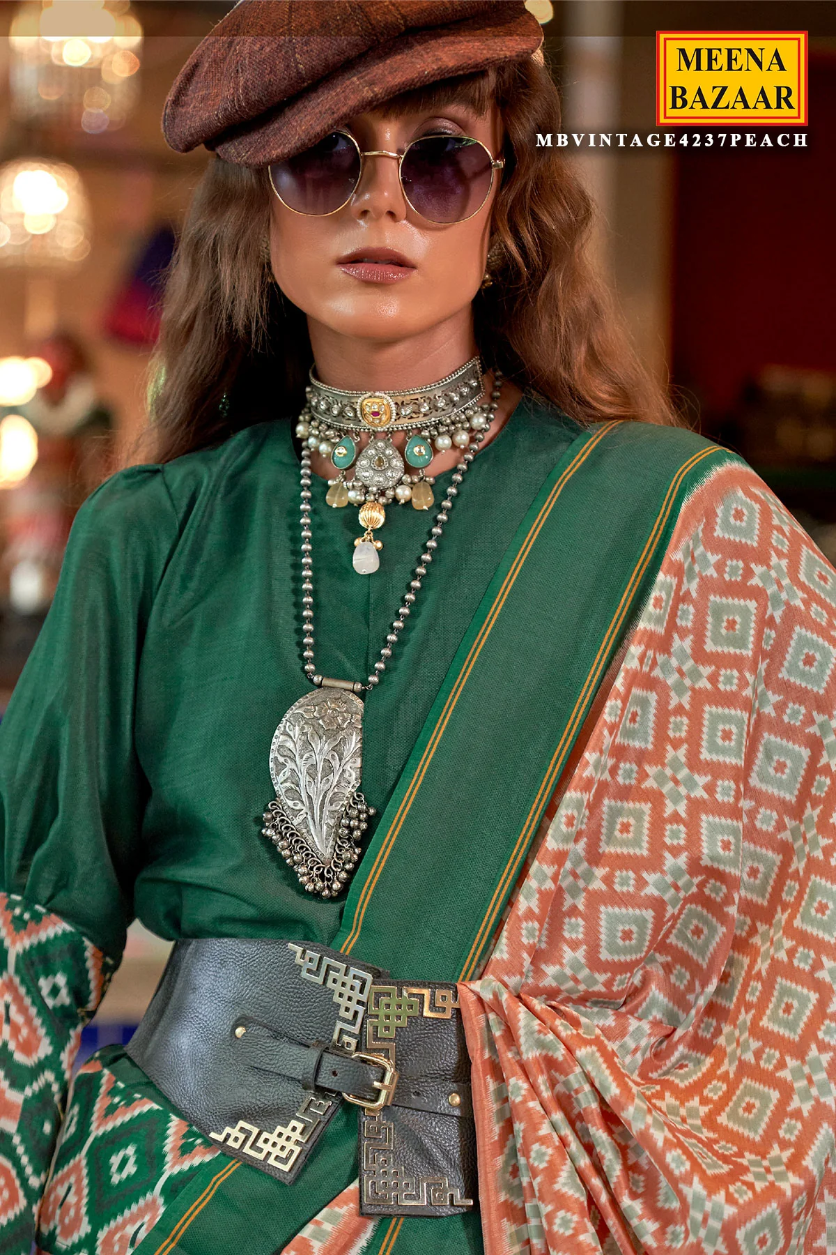 Peach Silk Saree with Green Border– Vintage Patola Printed Designer Saree - Image 2