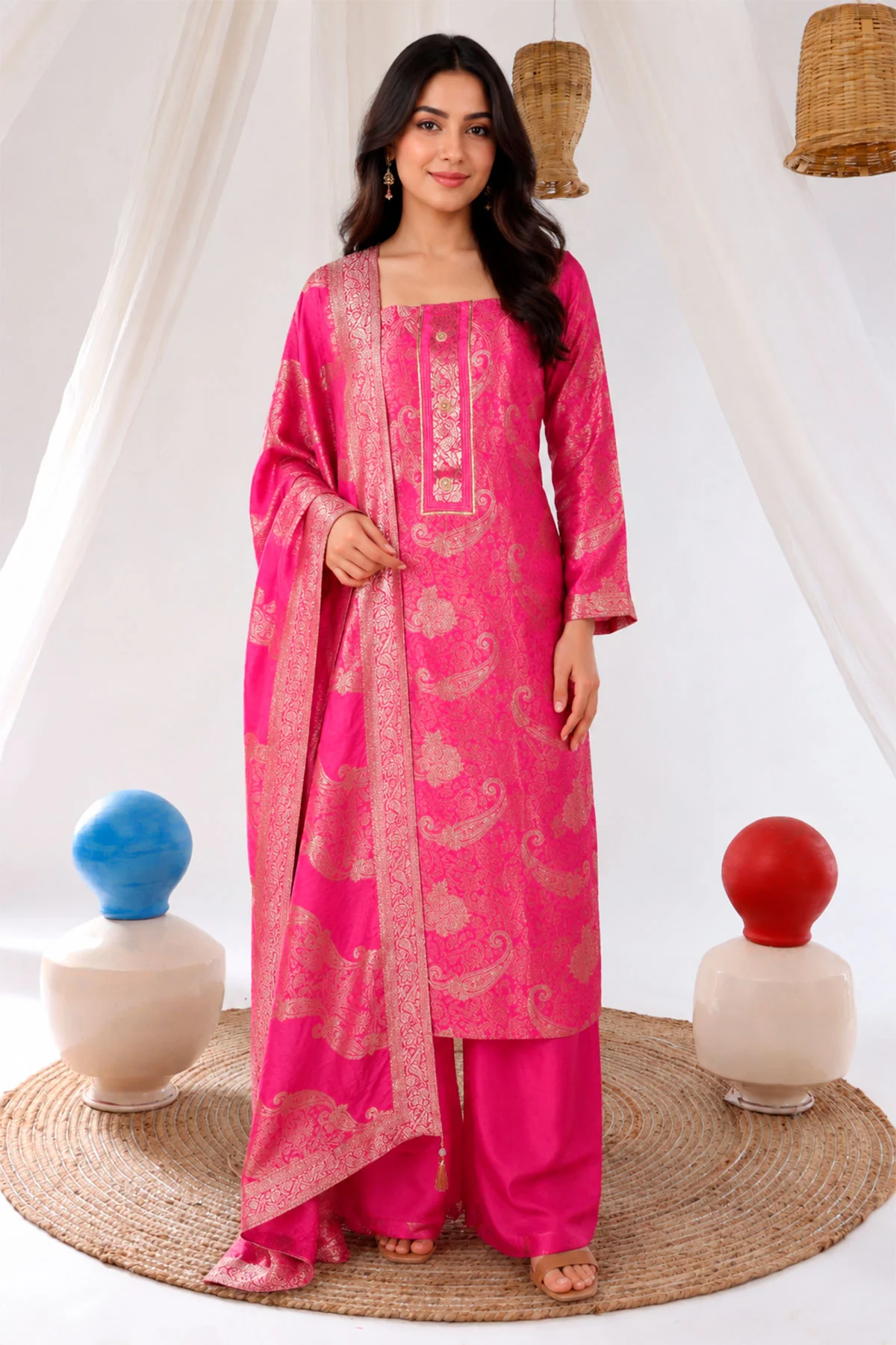 Pink Brasso Unstitched Suit with Neck Embroidery
