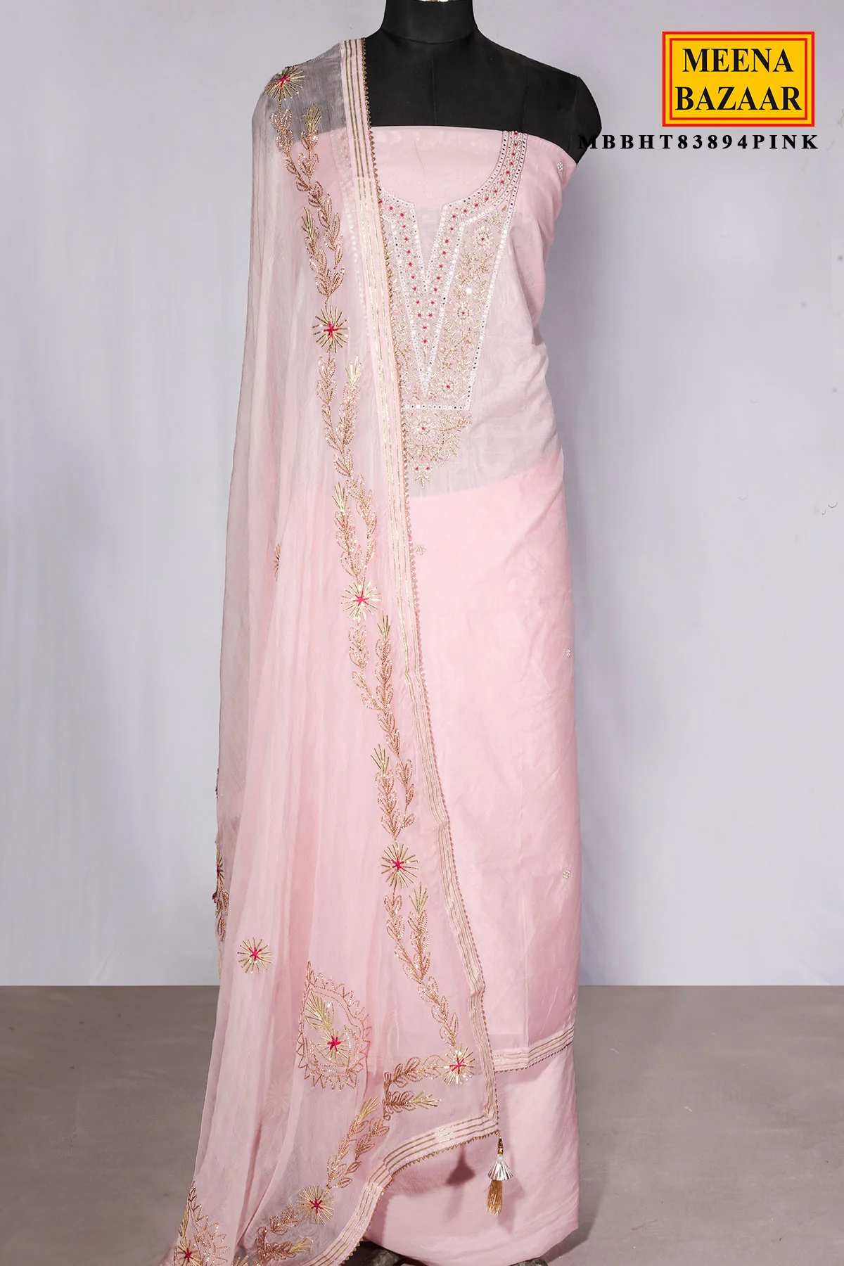 Pink Chanderi Suit Piece with Neck Embroidery - Image 3