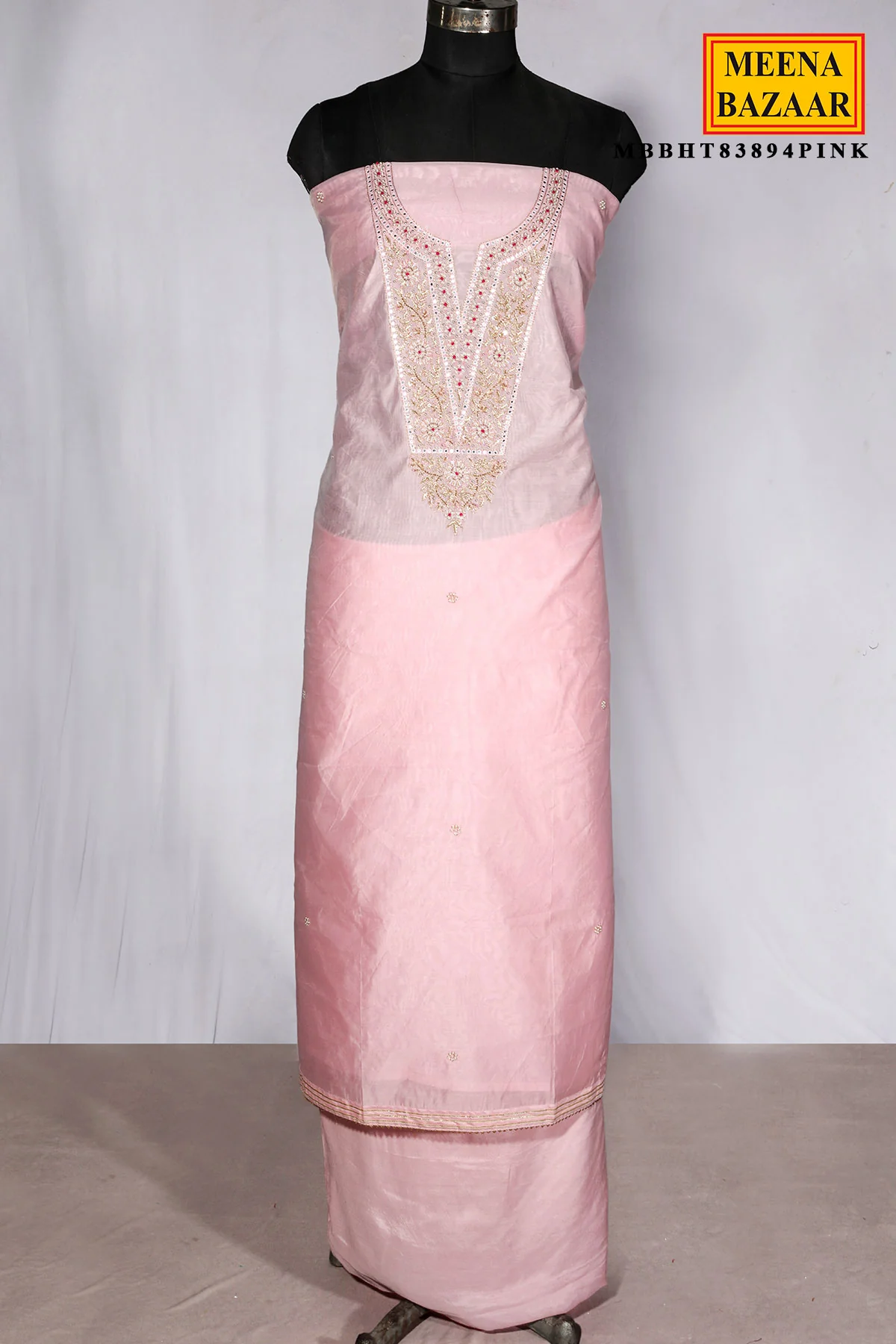 Pink Chanderi Suit Piece with Neck Embroidery - Image 4