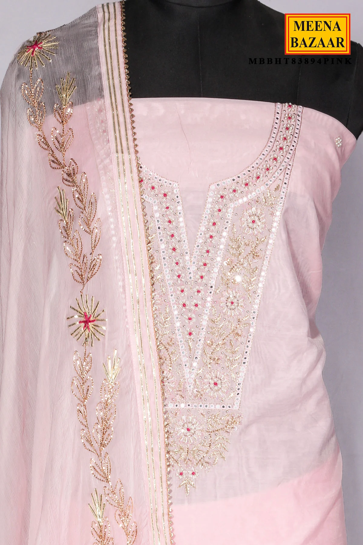 Pink Chanderi Suit Piece with Neck Embroidery - Image 5