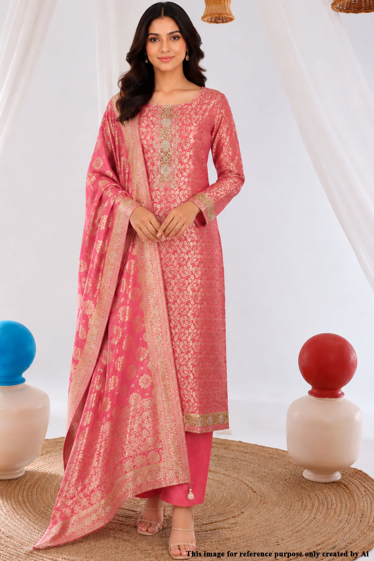 Pink Chanderi Unstitched Suit with Neck Embroidery