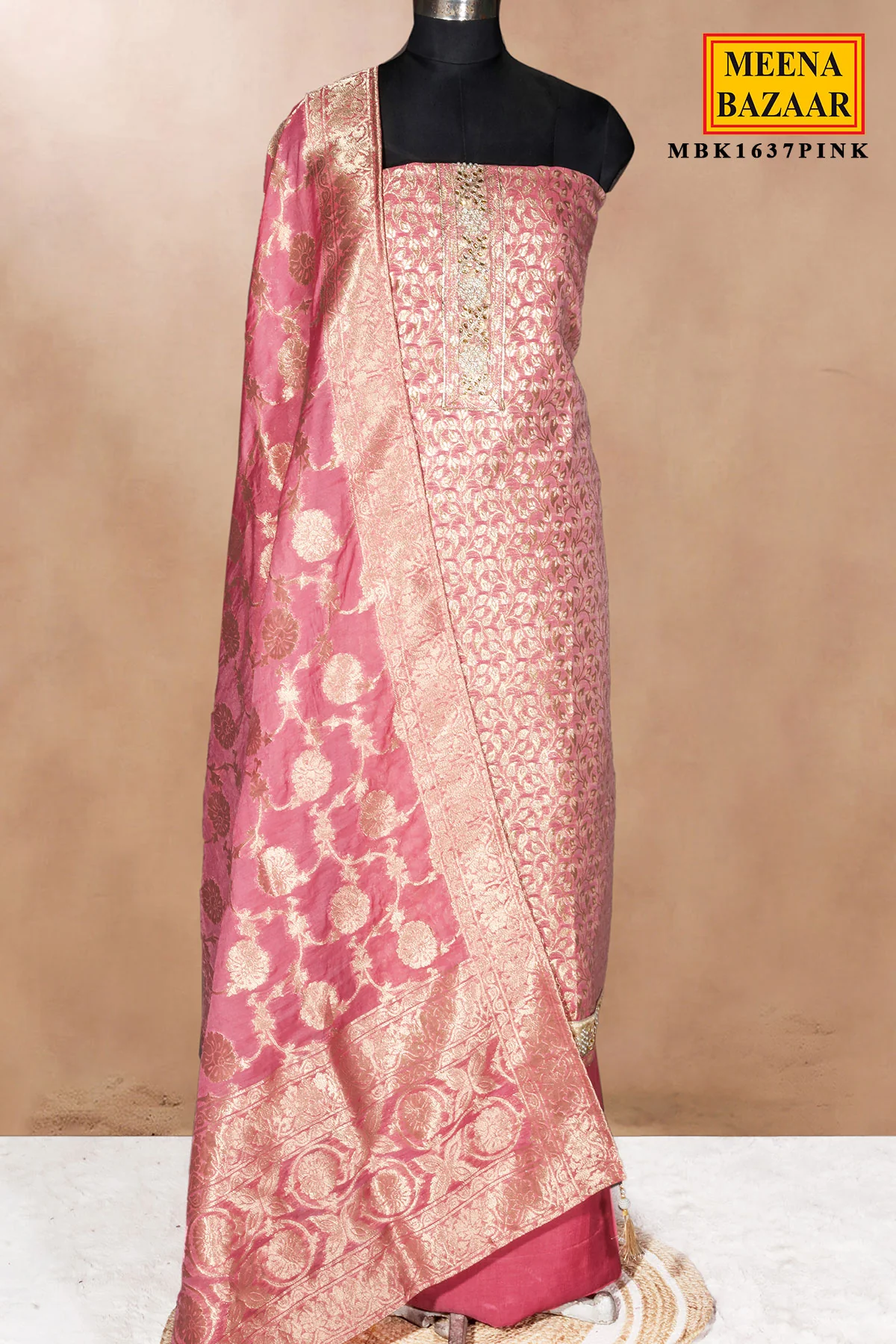 Pink Chanderi Unstitched Suit with Neck Embroidery - Image 3