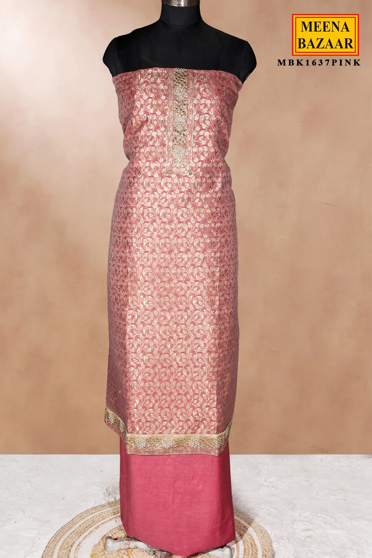 Pink Chanderi Unstitched Suit with Neck Embroidery - Image 4