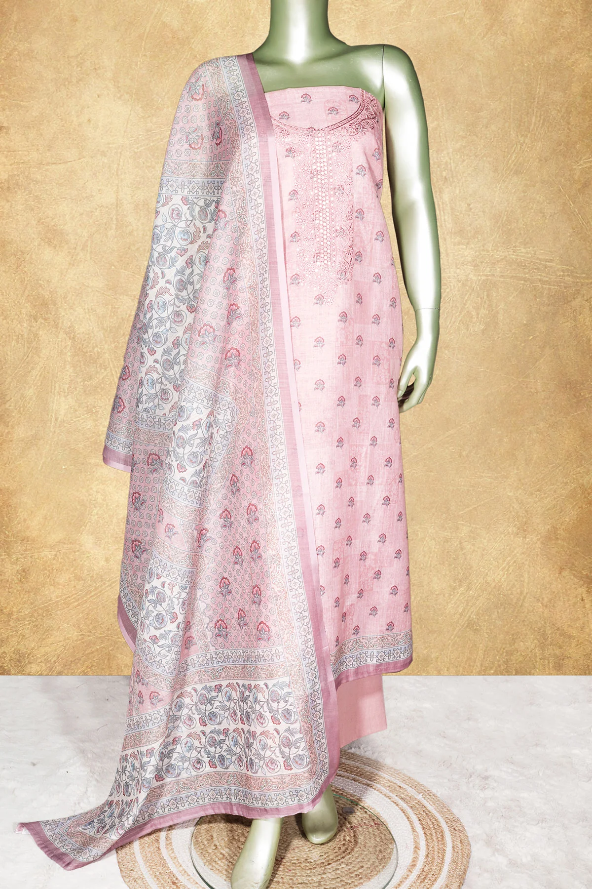 Pink Cotton Embroidered Unstitched Suit Set - Image 2