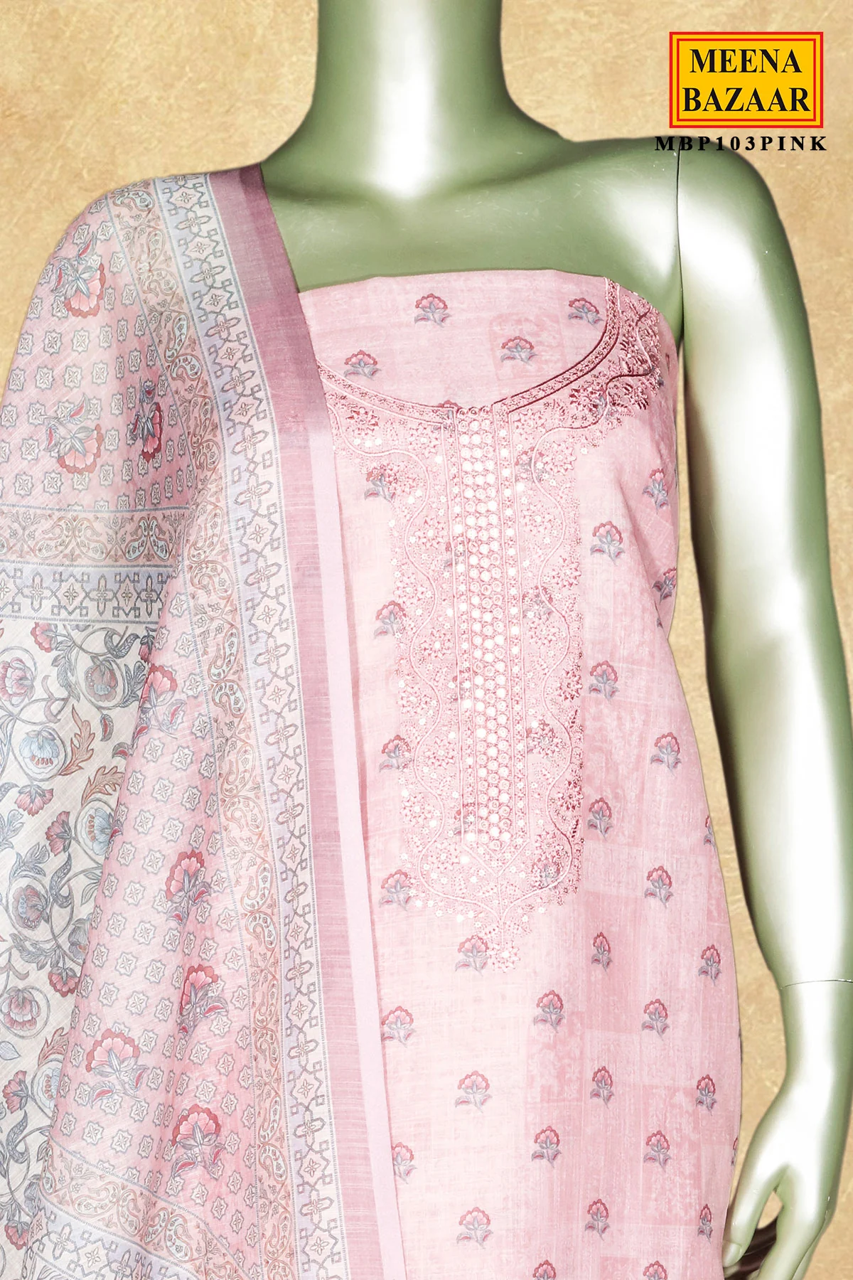 Pink Cotton Embroidered Unstitched Suit Set - Image 3