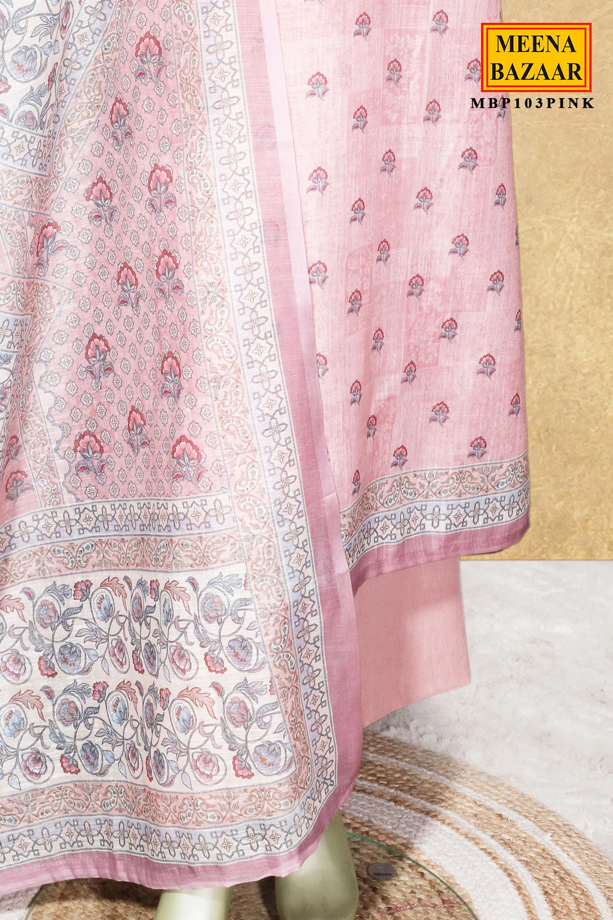 Pink Cotton Embroidered Unstitched Suit Set - Image 4