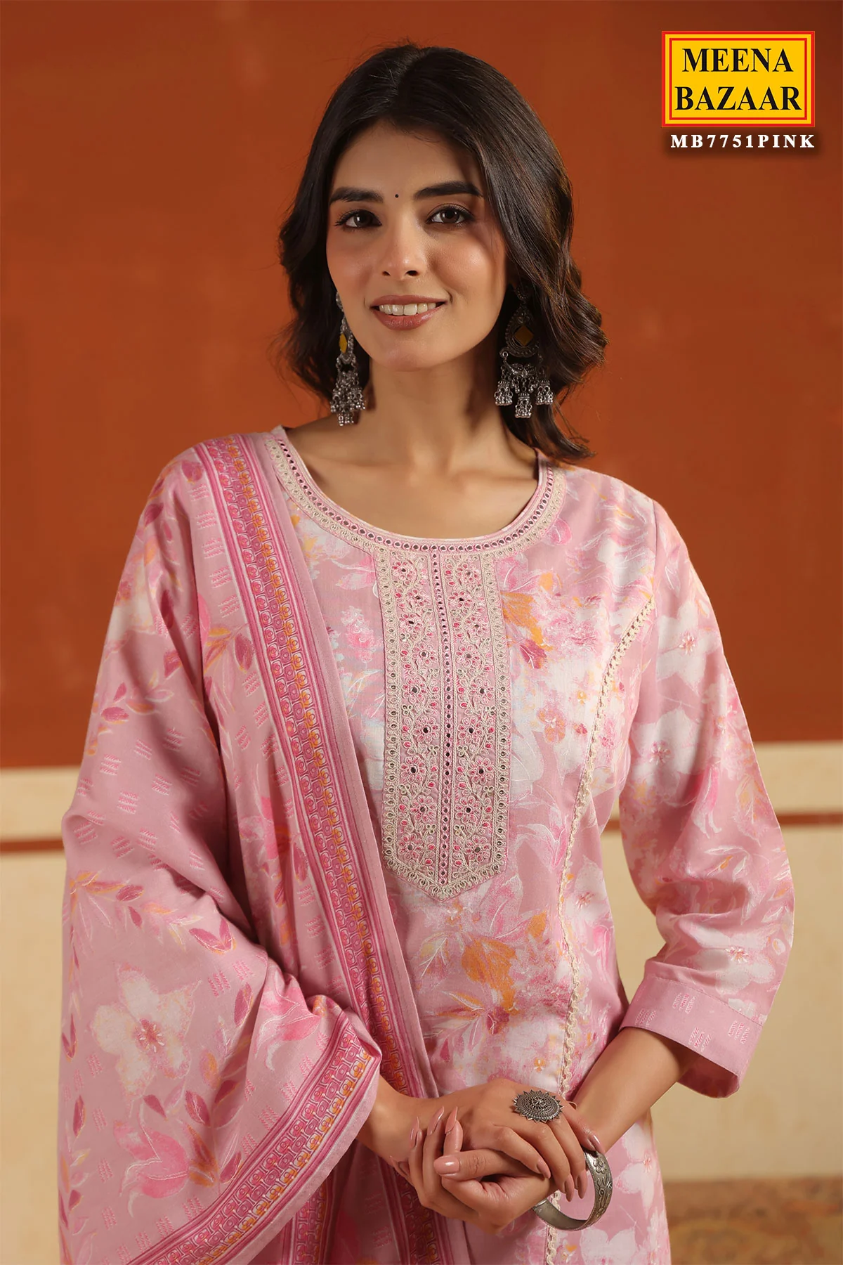 Pink Cotton Ready made Suit Set with Embroidered Neck - Image 3