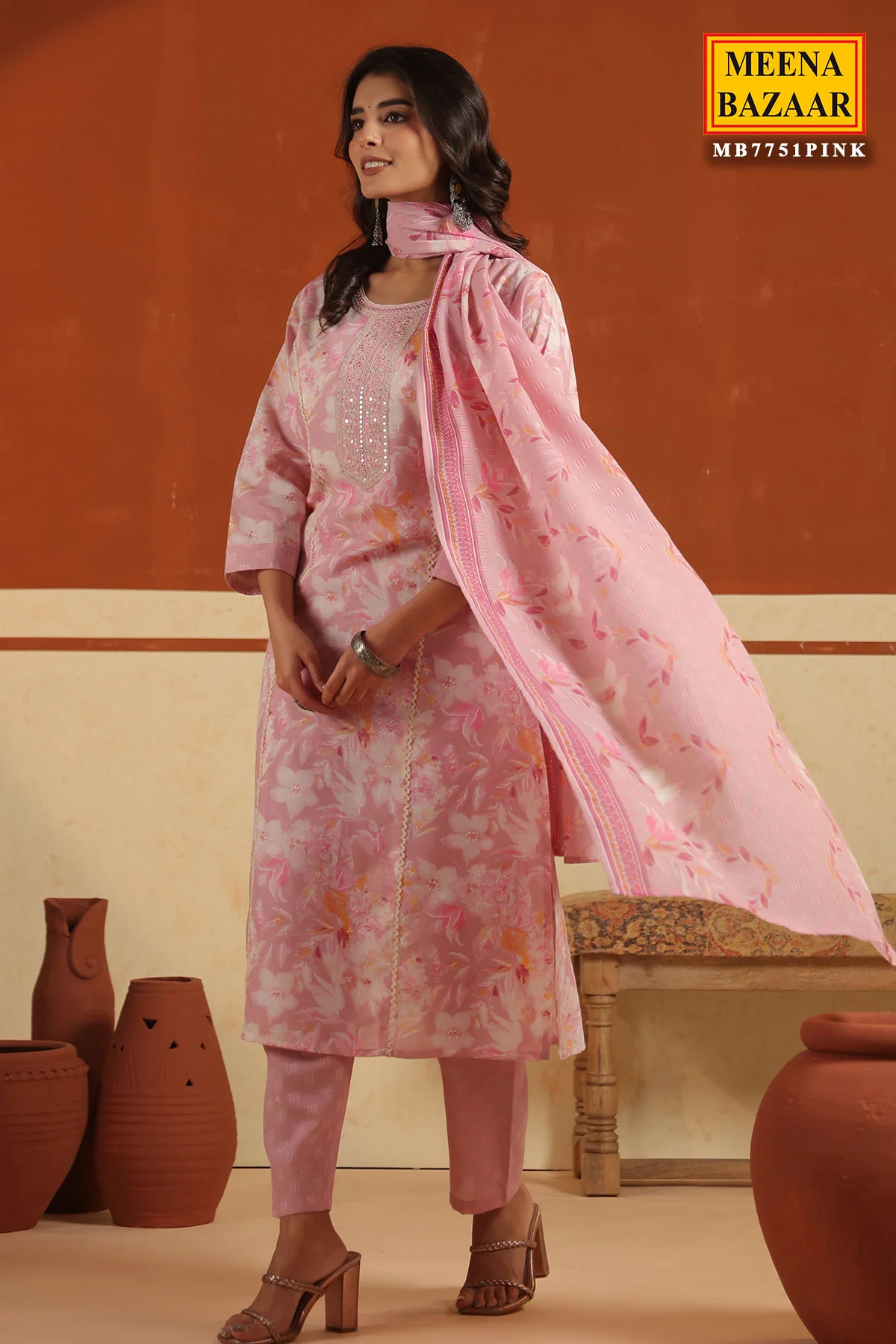Pink Cotton Ready made Suit Set with Embroidered Neck - Image 4
