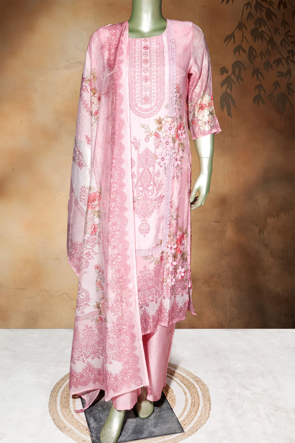 Pink Cotton Ready-Made Suit with Elegant Neck Embroidery - Image 5