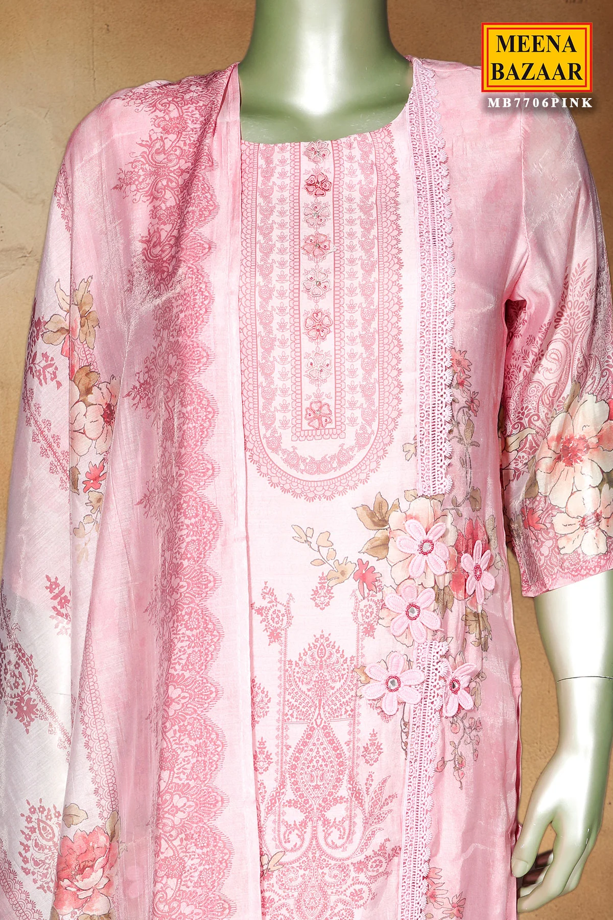 Pink Cotton Ready-Made Suit with Elegant Neck Embroidery - Image 6