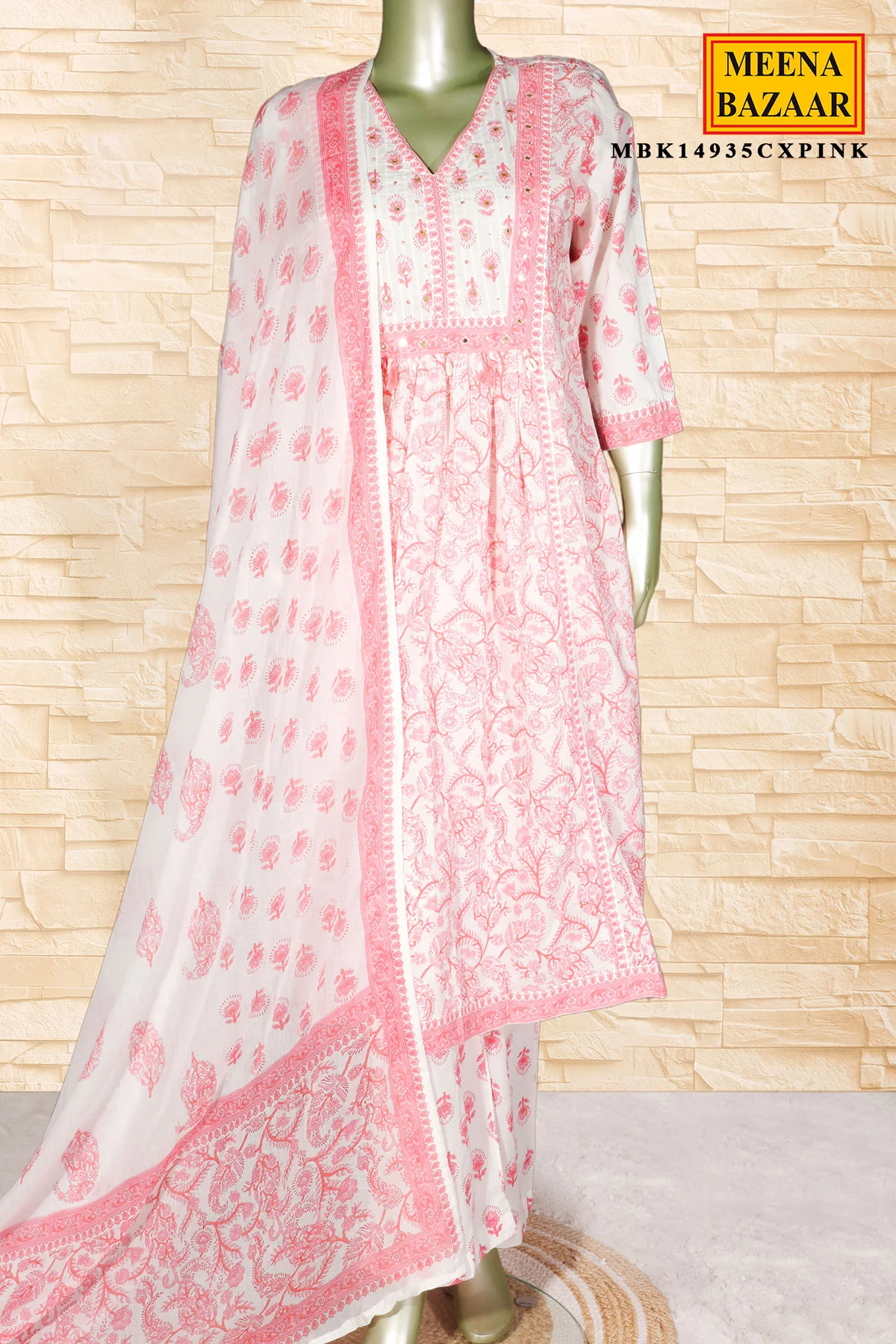 Pink Cotton Ready-Made Suit With Floral Printed Dupatta & Pant - Image 2