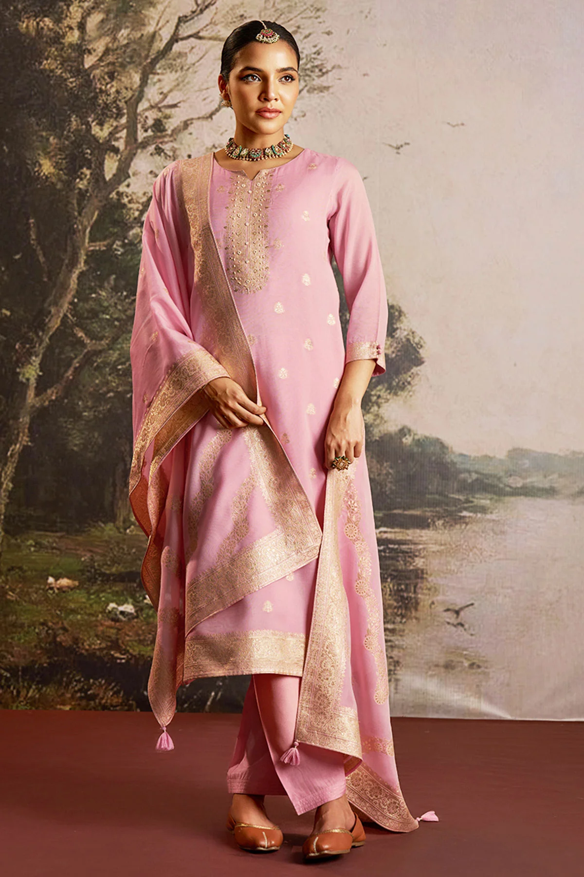 Pink Cotton Ready Made Suit with Neck Embroidery