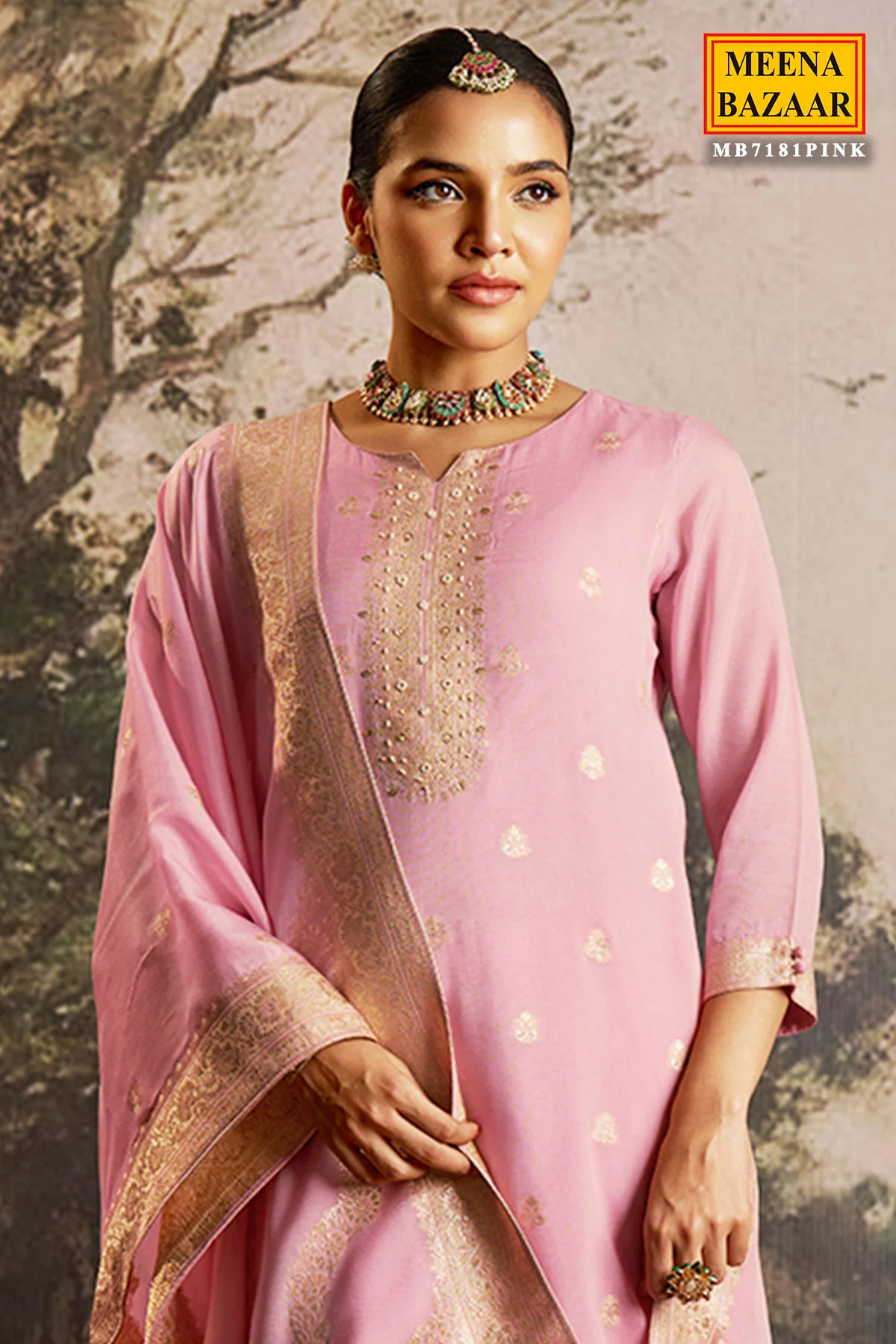 Pink Cotton Ready Made Suit with Neck Embroidery - Image 2