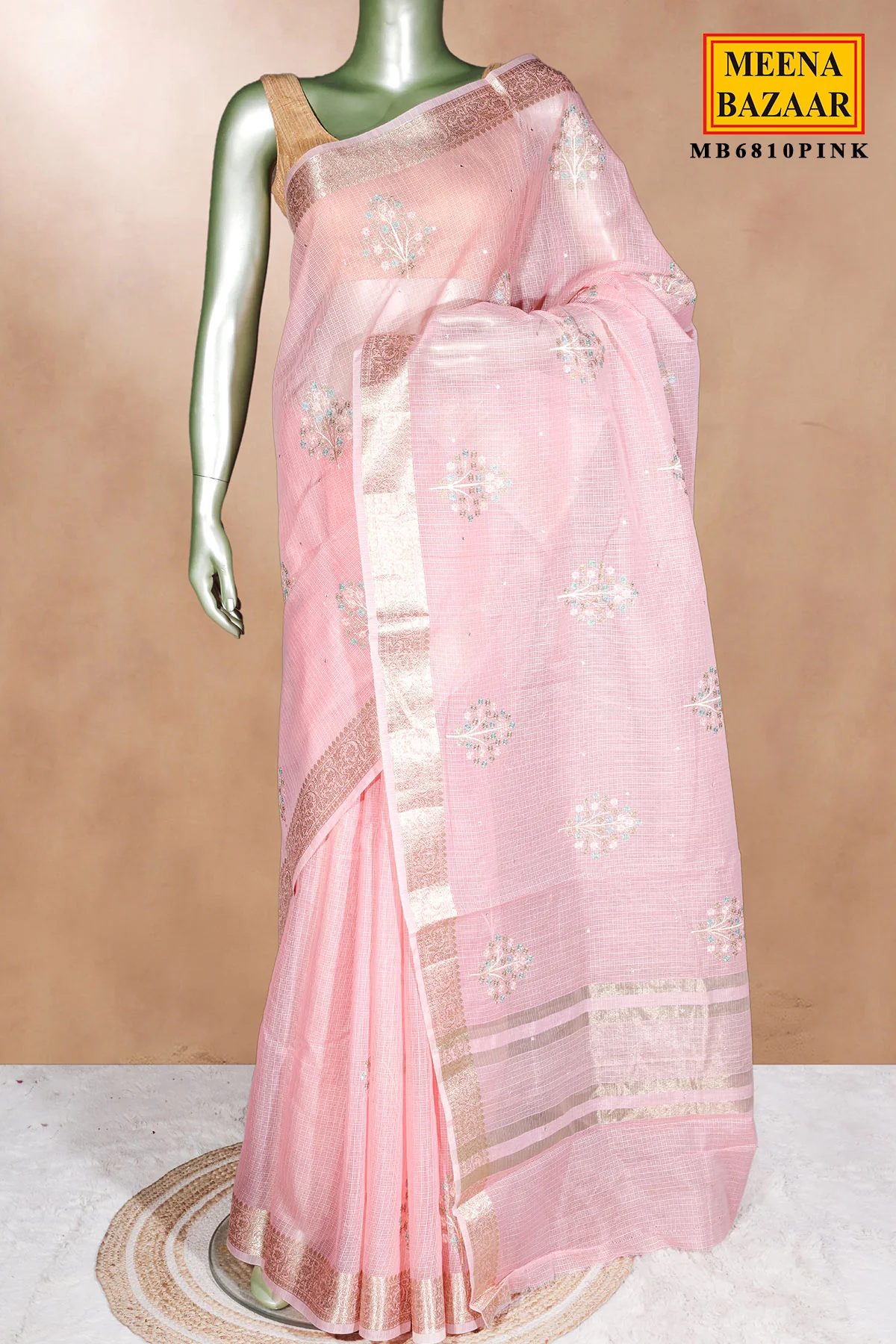 Pink Cotton Saree with Resham Butta Weaving - Image 2