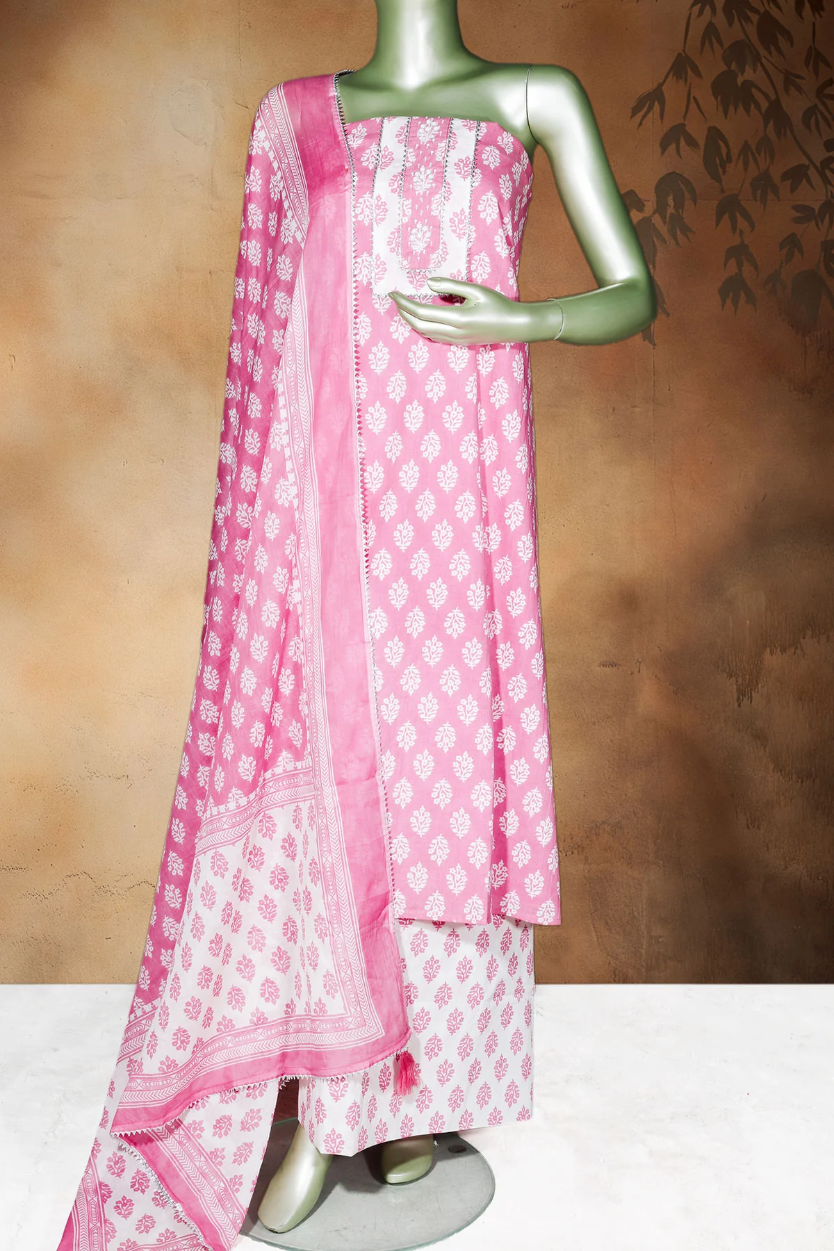 Pink Cotton Unstitched Suit with Embroidery Detail - Image 2