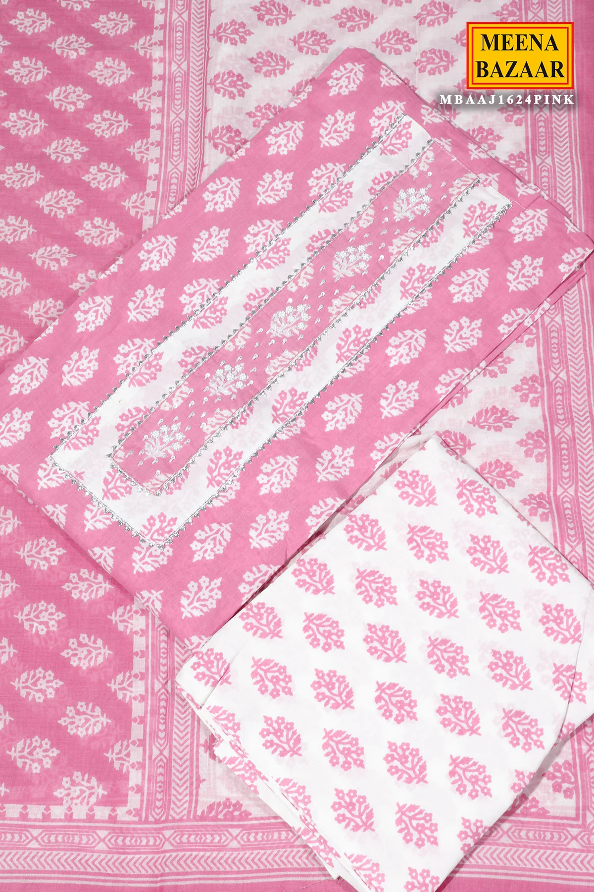Pink Cotton Unstitched Suit with Embroidery Detail - Image 6