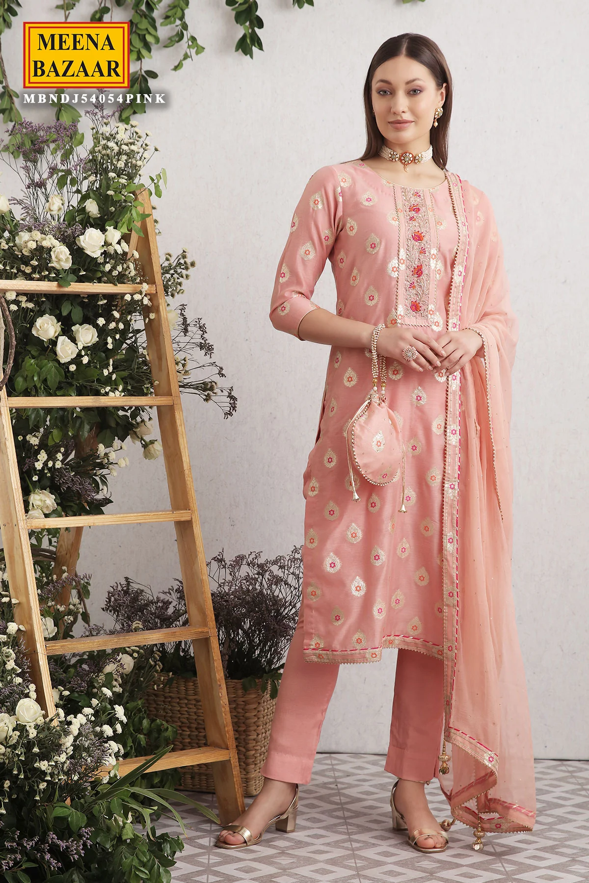 Pink Embroidered Chanderi Suit Set - Image 2