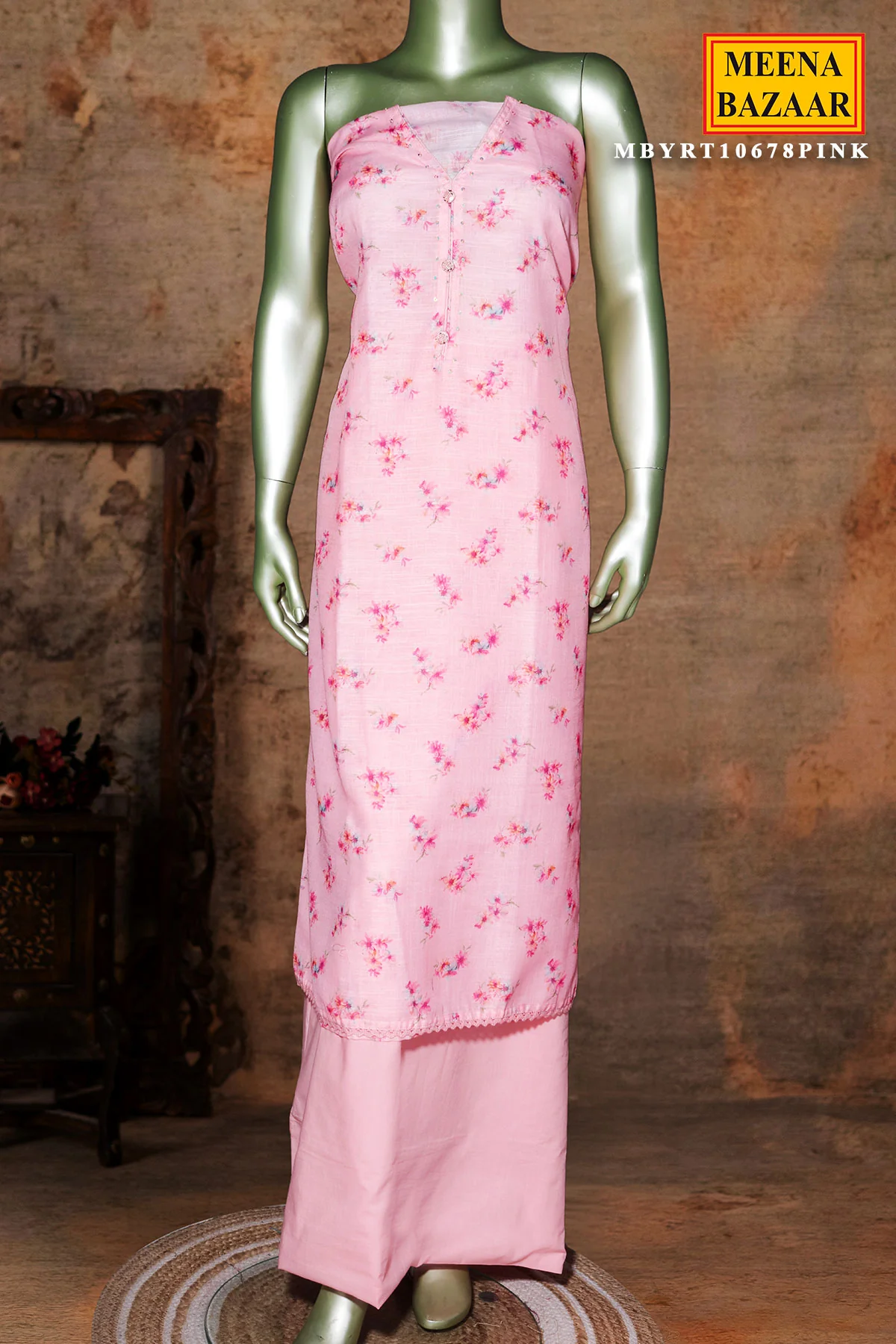 Pink Embroidered Cotton Unstitched Suit Set with Dupatta for Women - Image 2