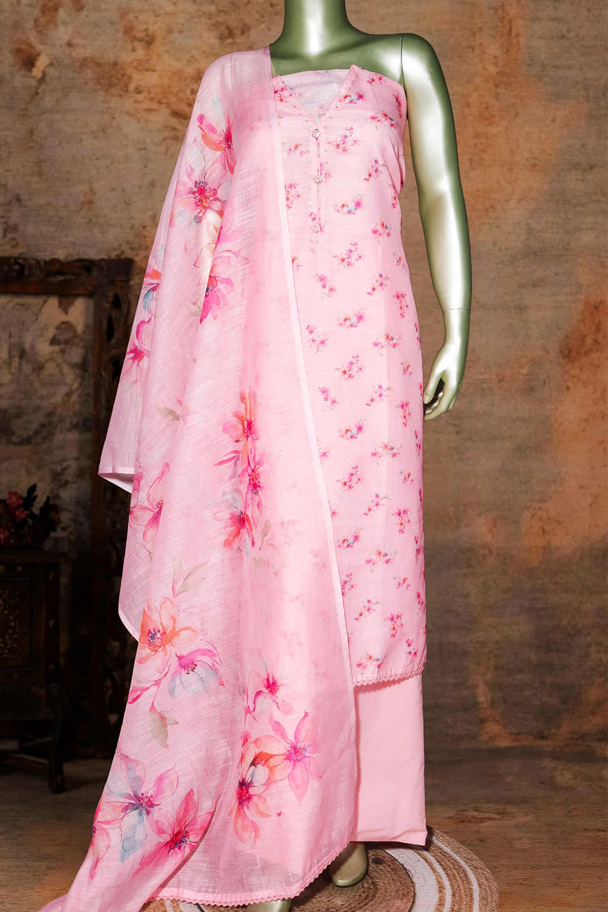 Pink Embroidered Cotton Unstitched Suit Set with Dupatta for Women - Image 5