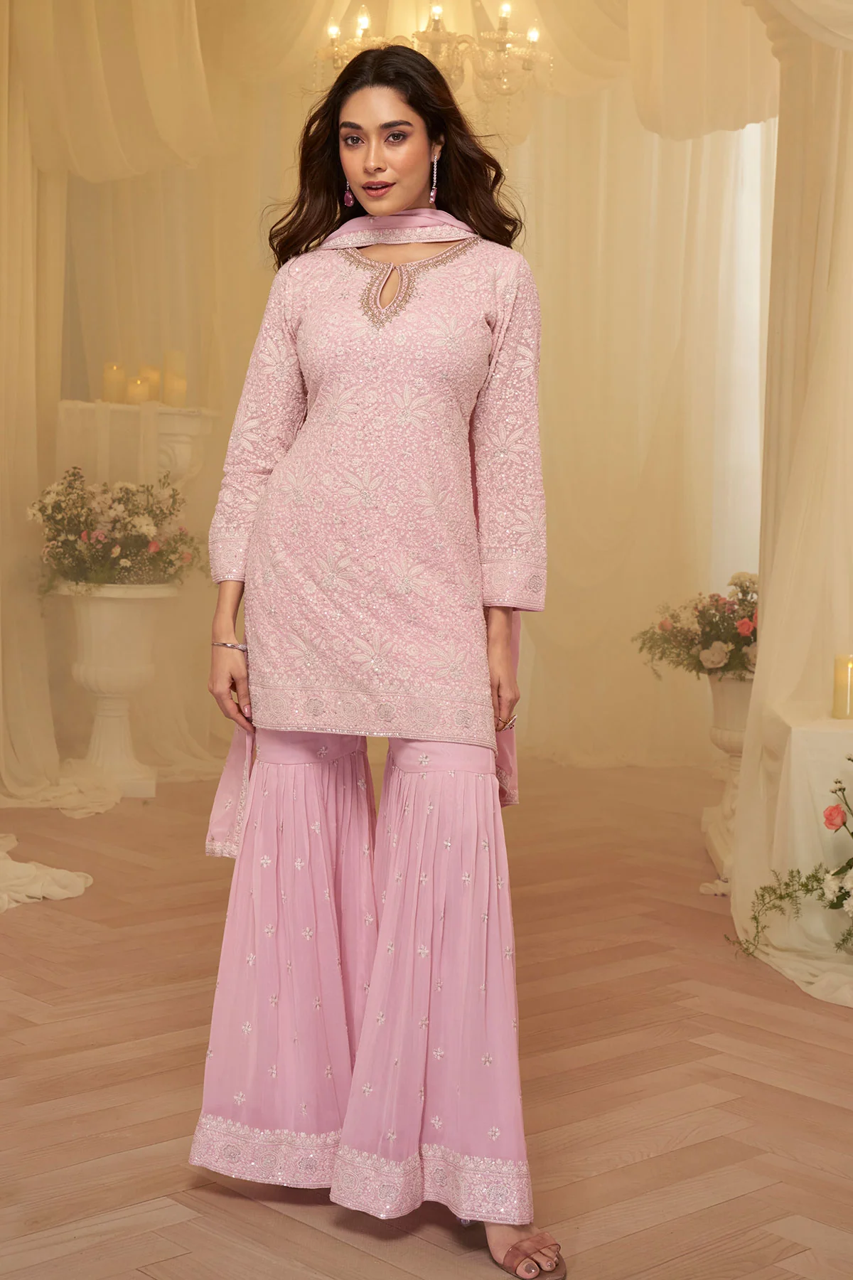 Pink Georgette Ready Made Suit for Festive & Party Wear