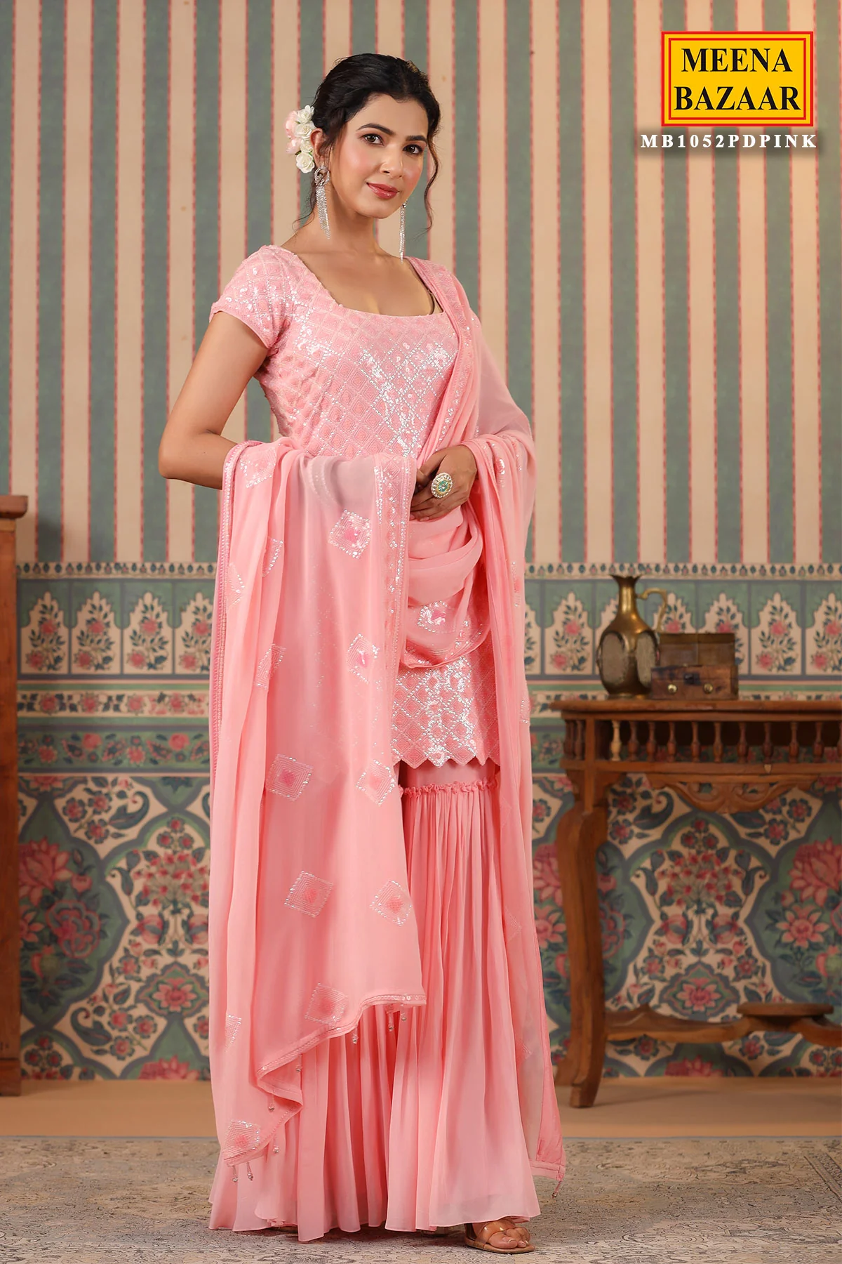 Pink Georgette Sequins Embroidered Sharara Suit - Image 5