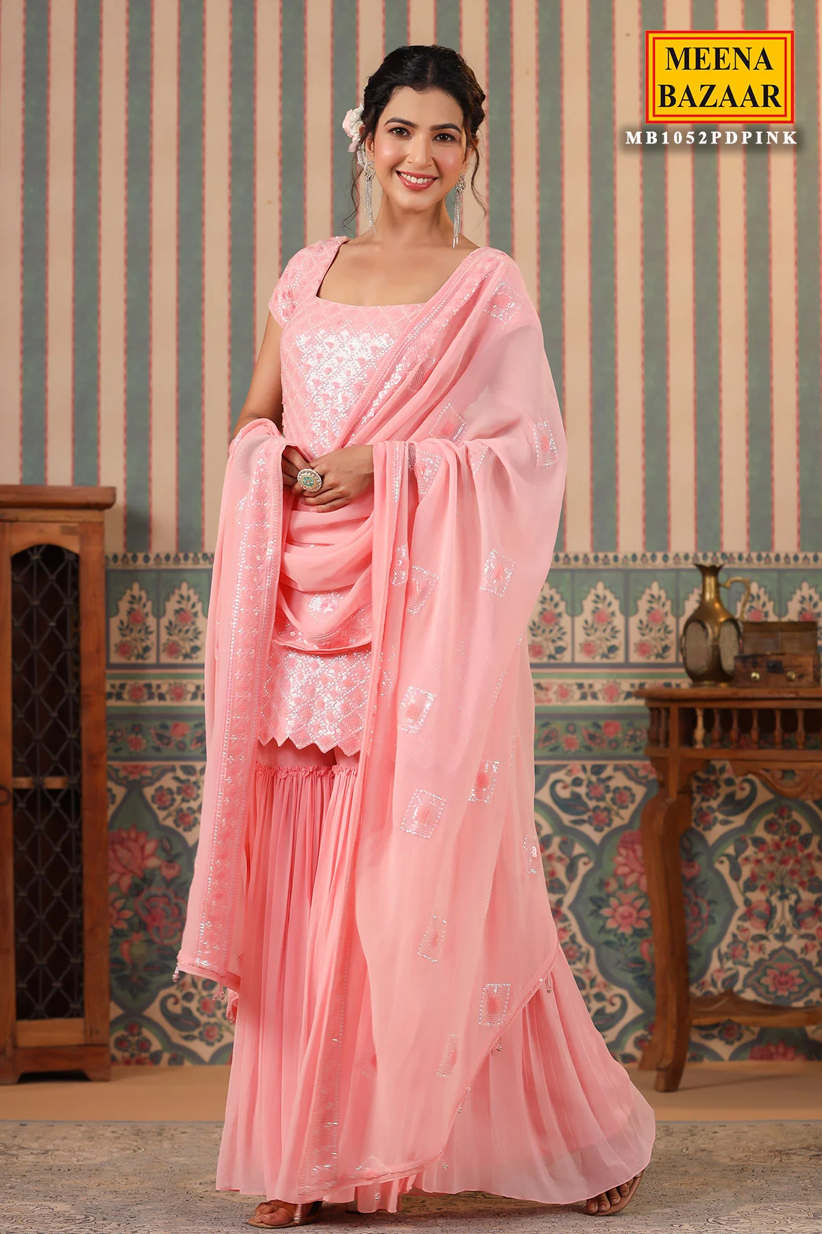 Pink Georgette Sequins Embroidered Sharara Suit - Image 6