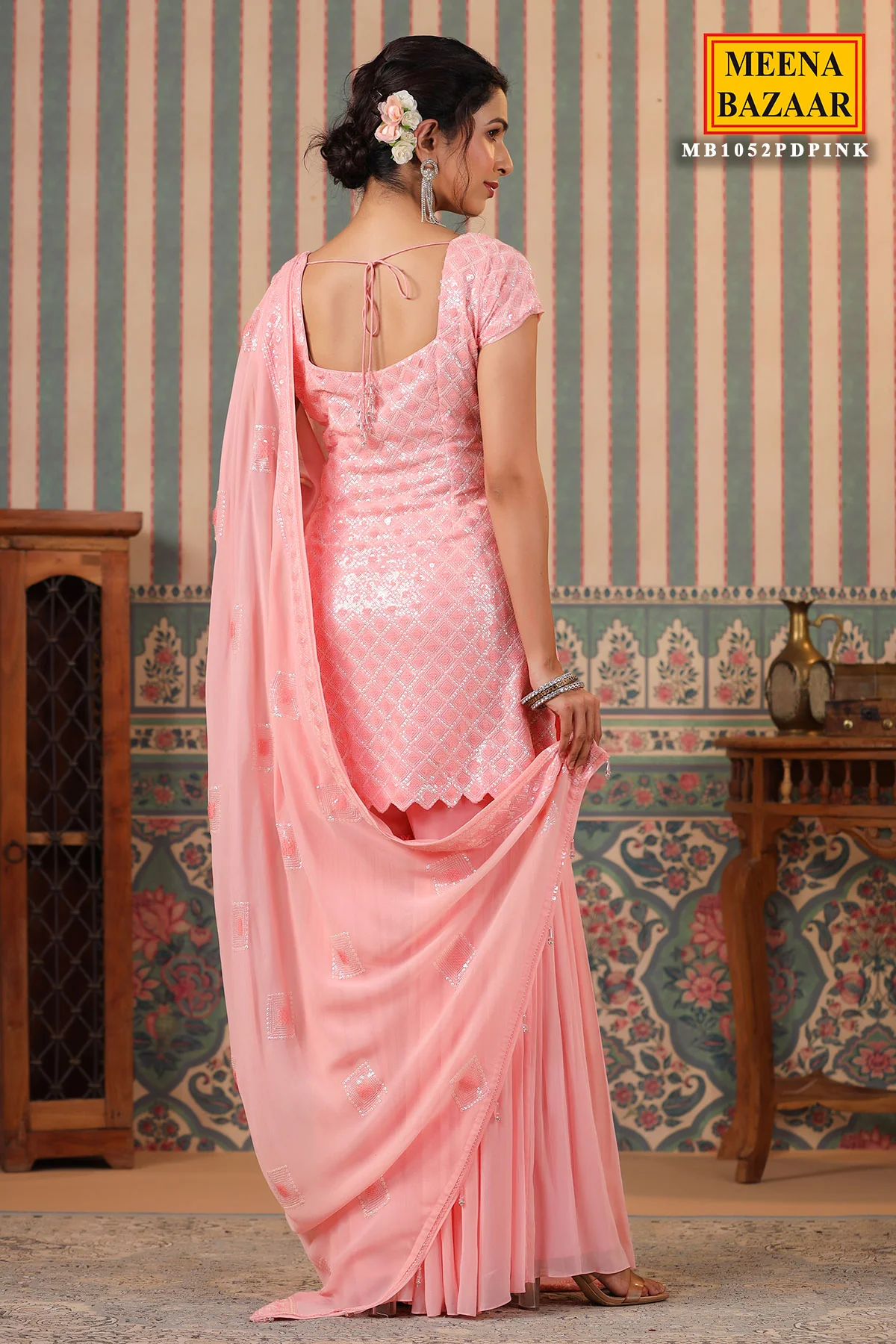 Pink Georgette Sequins Embroidered Sharara Suit - Image 8