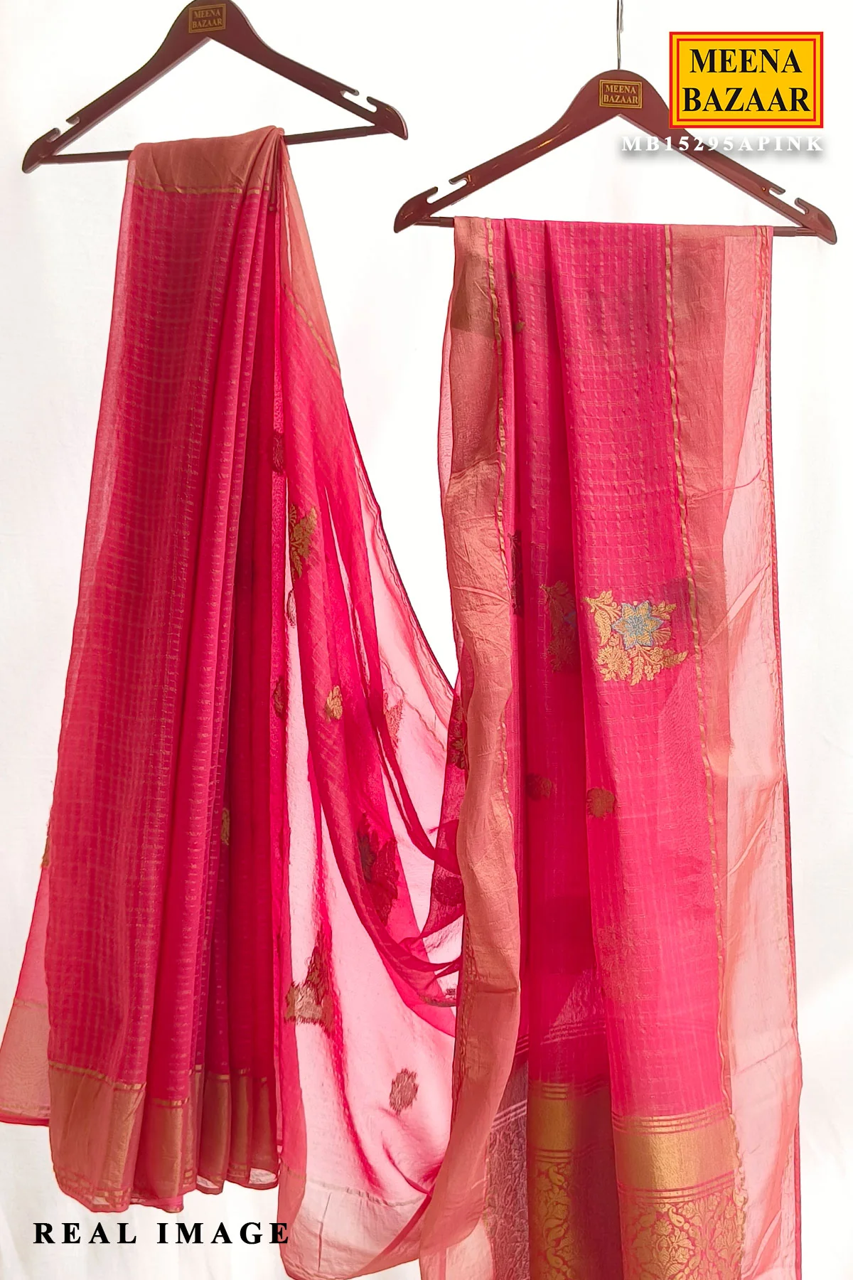 Pink Khaddi Saree with Elegant Zari Border - Image 2