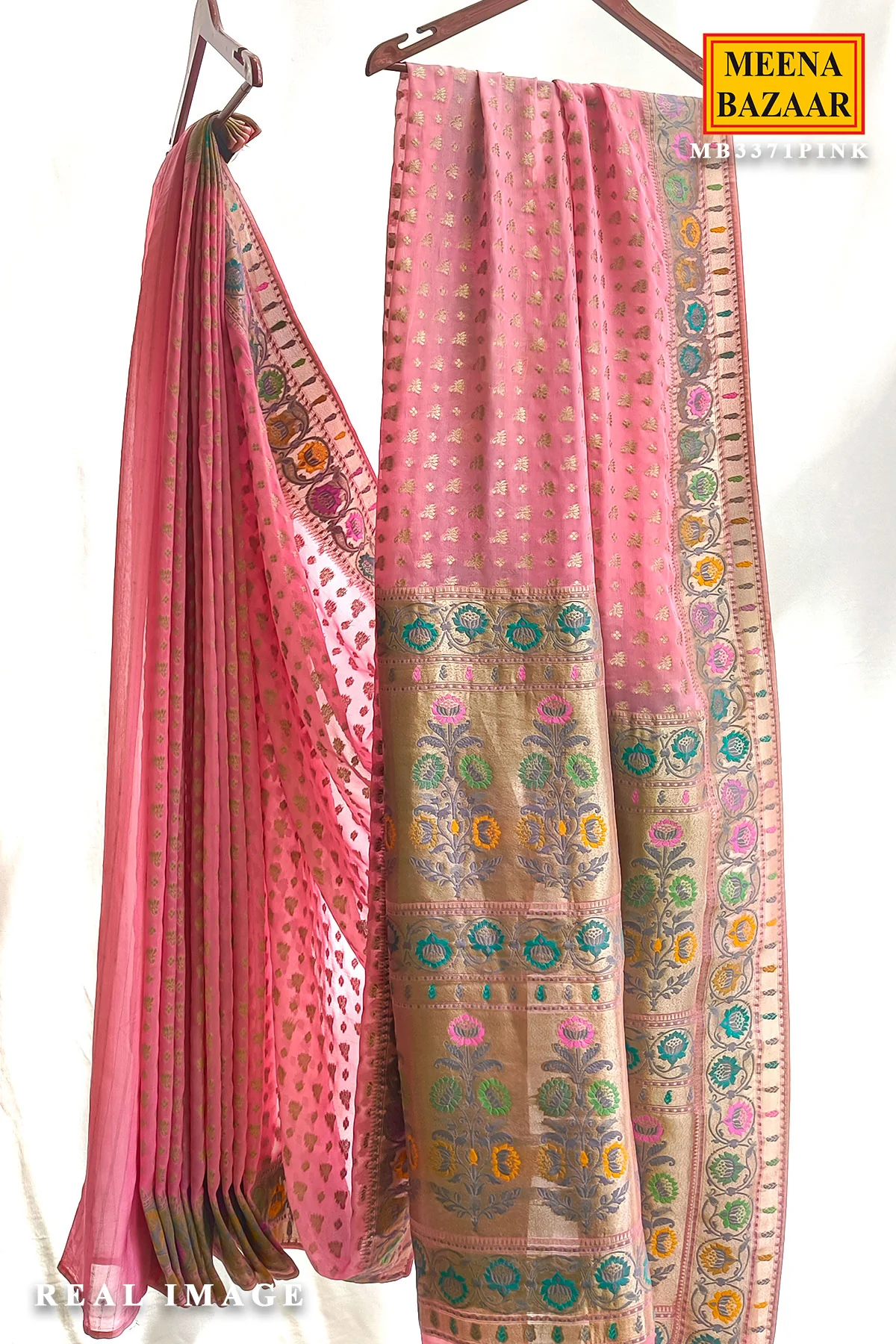Pink Khaddi Saree with Multicolor Woven Accents - Image 2