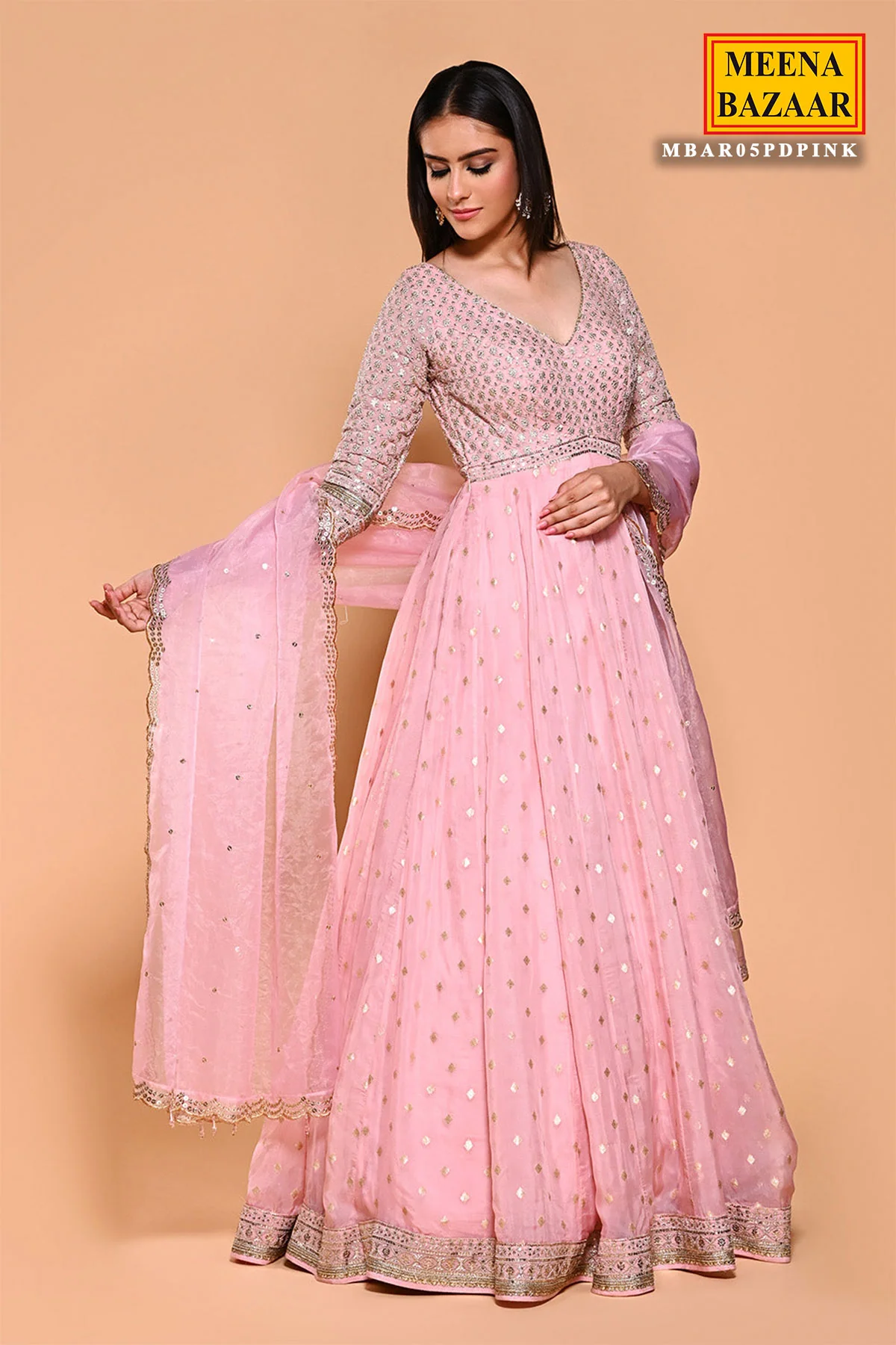 Pink Organza Zari & Sequins Embroidered Suit - Image 3