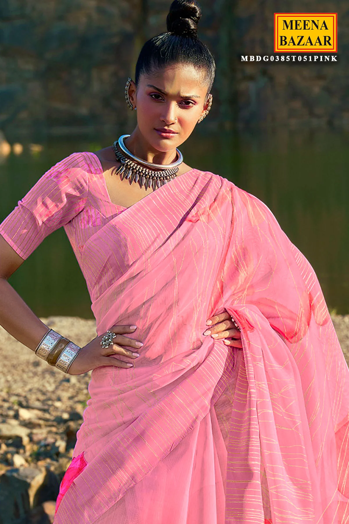 Pink Printed Cotton Saree – Elegant Lightweight Ethnic Draping - Image 3