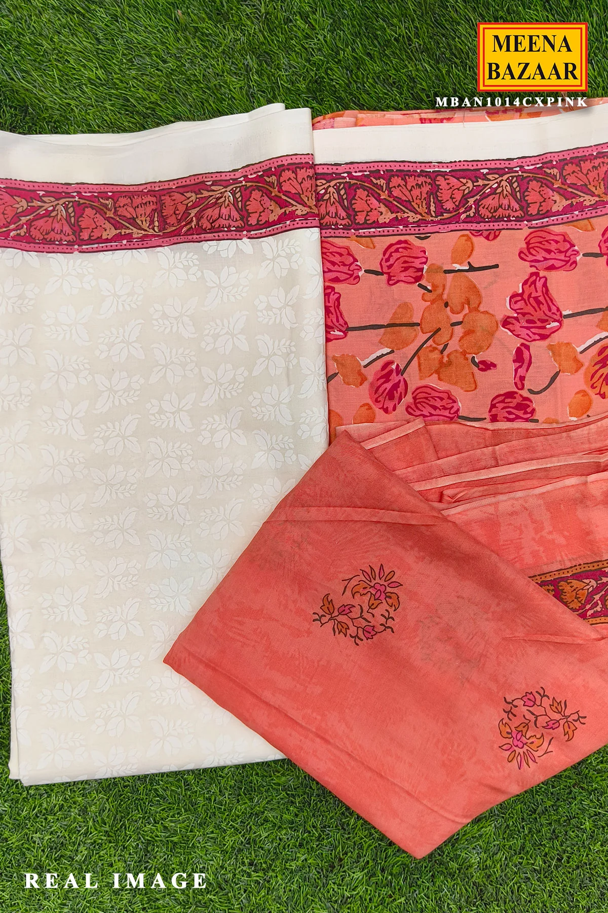 Pink & White Printed Cotton Unstitched Suit - Image 4