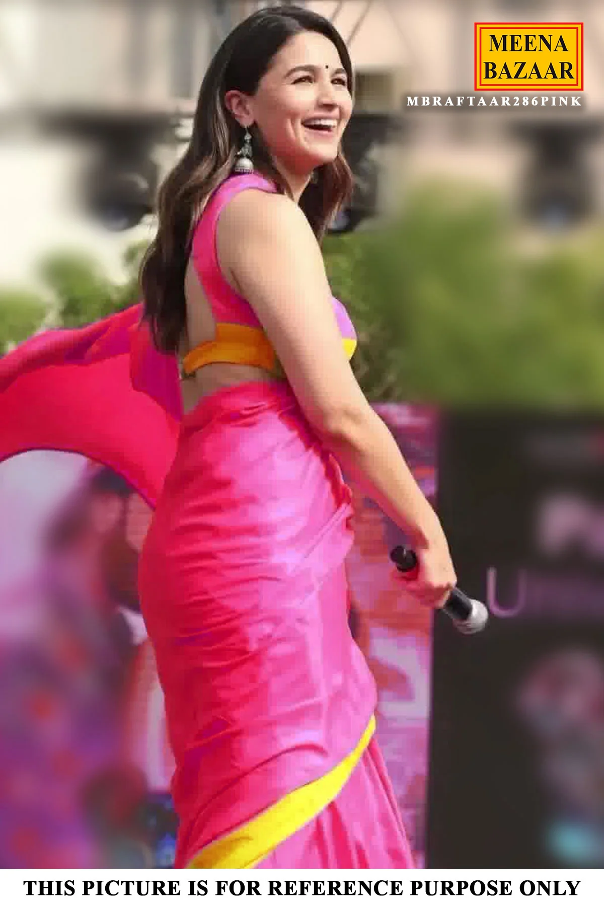 Pink-Yellow Celebrity-Styled Printed Chiffon Blend Saree - Image 3