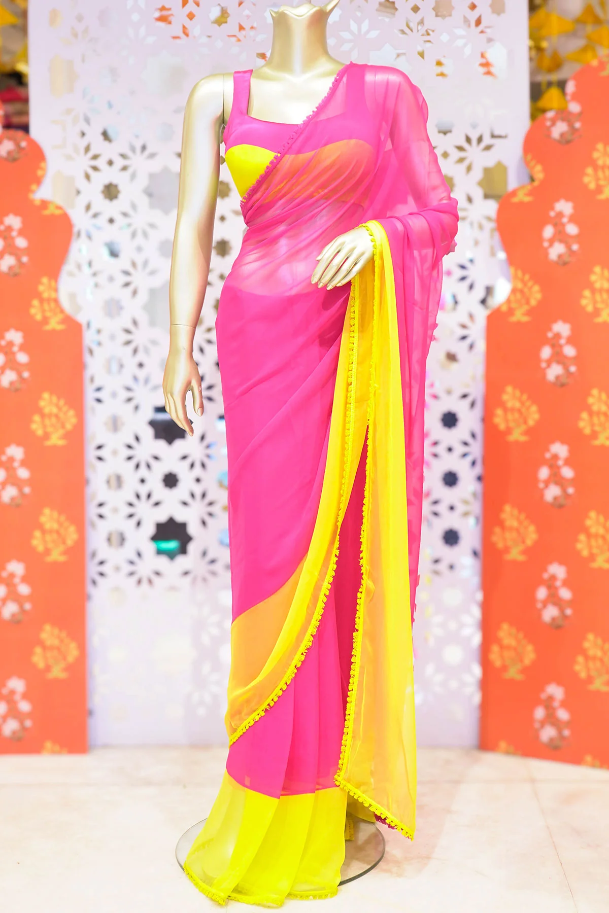 Pink-Yellow Celebrity-Styled Printed Chiffon Blend Saree - Image 5