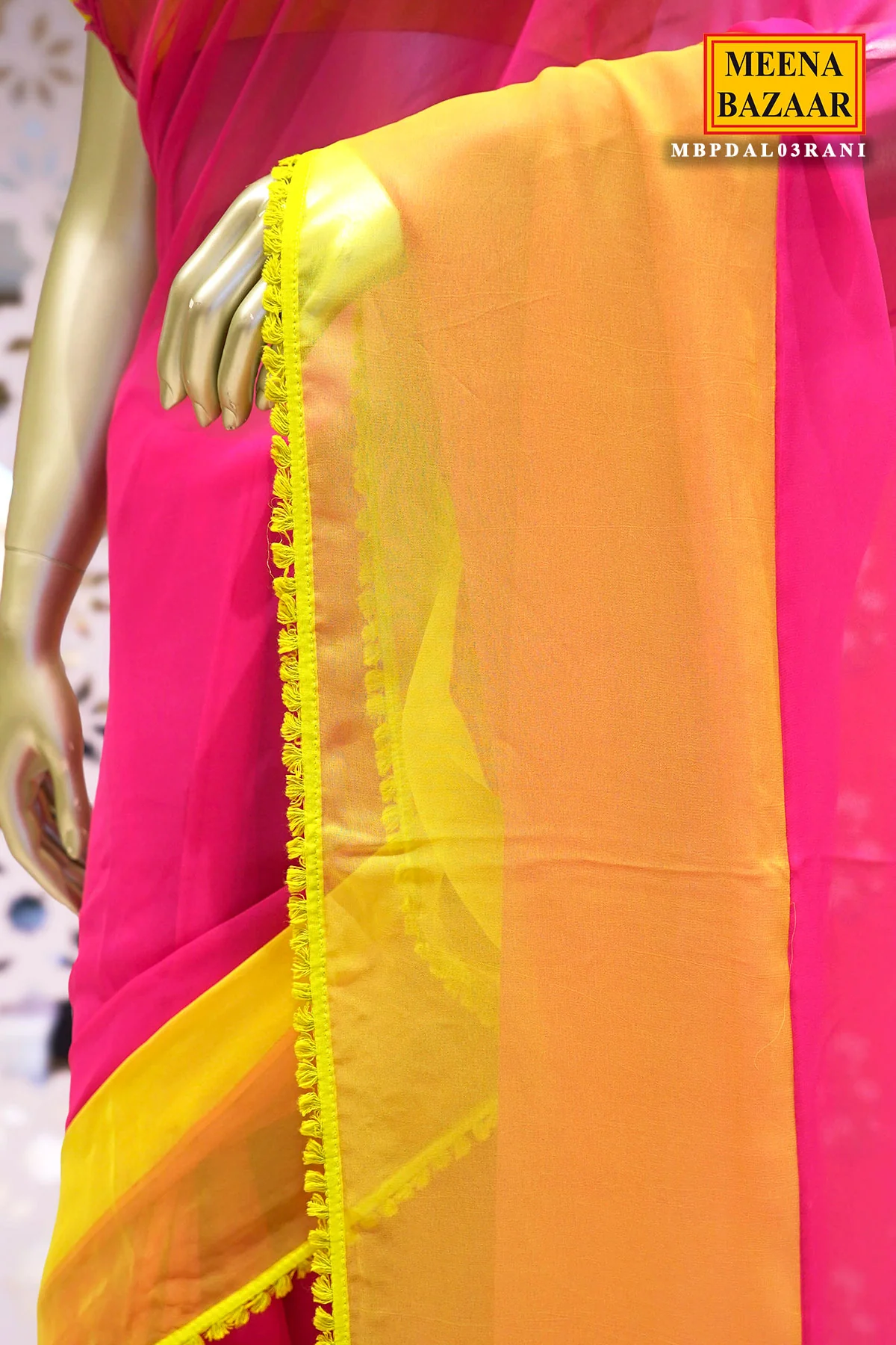 Pink-Yellow Celebrity-Styled Printed Chiffon Blend Saree - Image 8