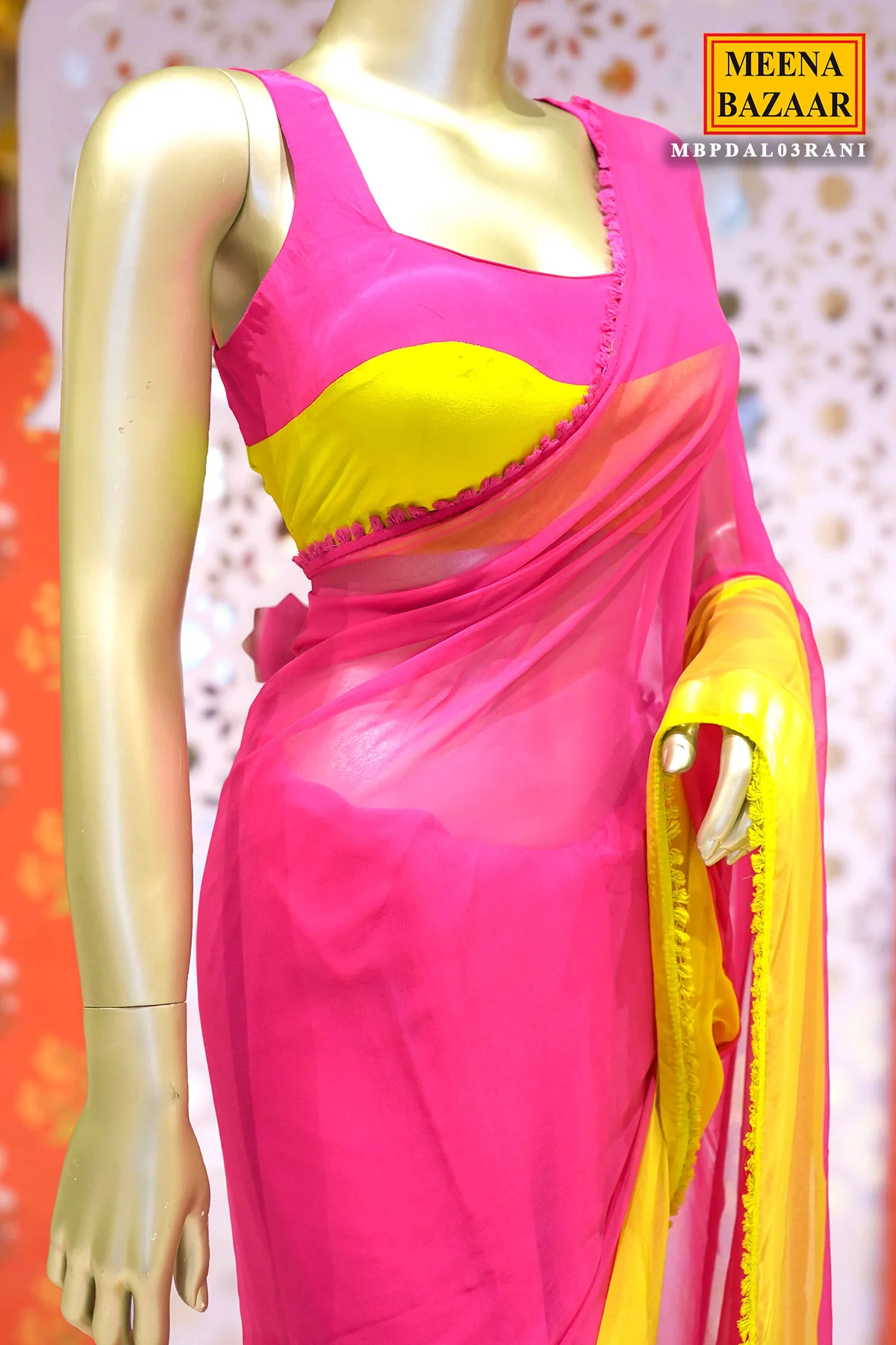 Pink-Yellow Celebrity-Styled Printed Chiffon Blend Saree - Image 9