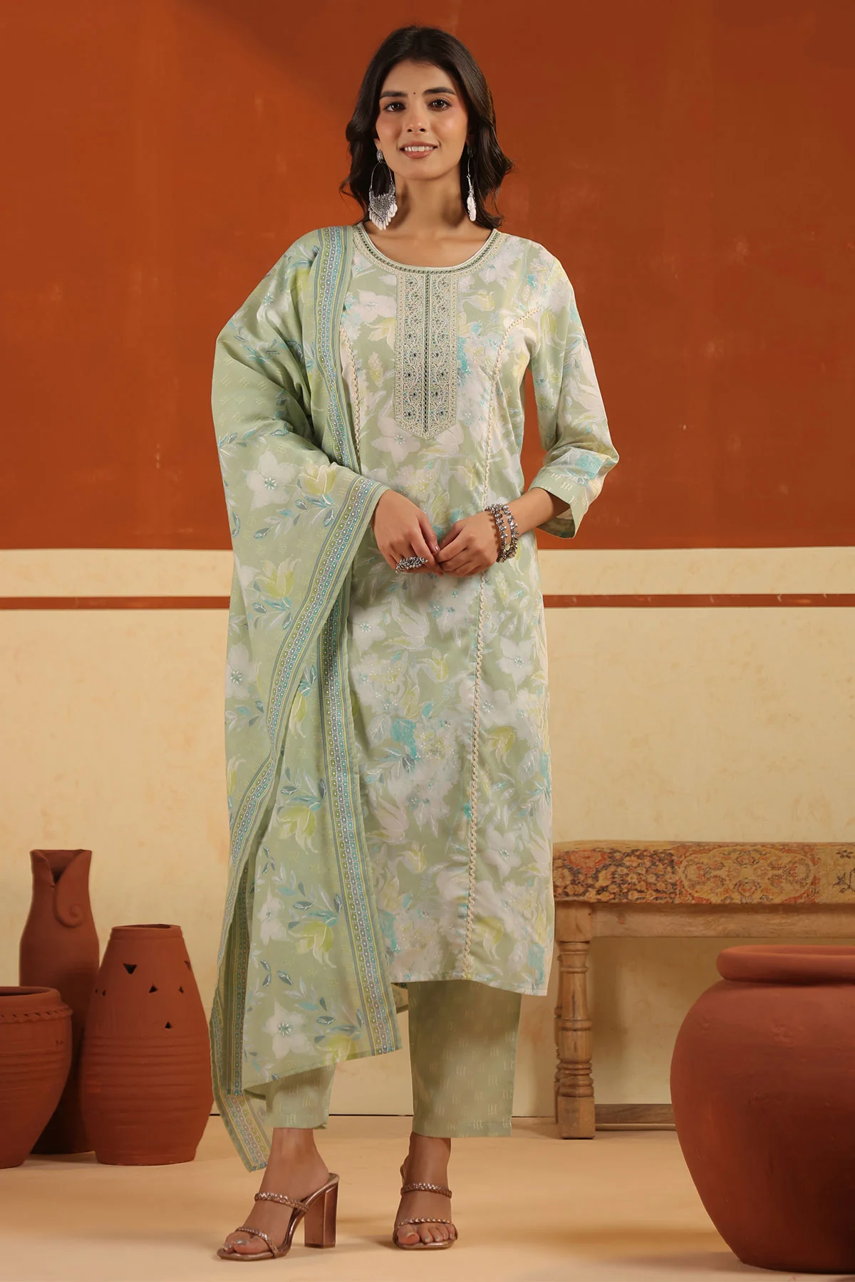 Pista Cotton Ready Made Suit with Elegant Neck Detailing - Image 3